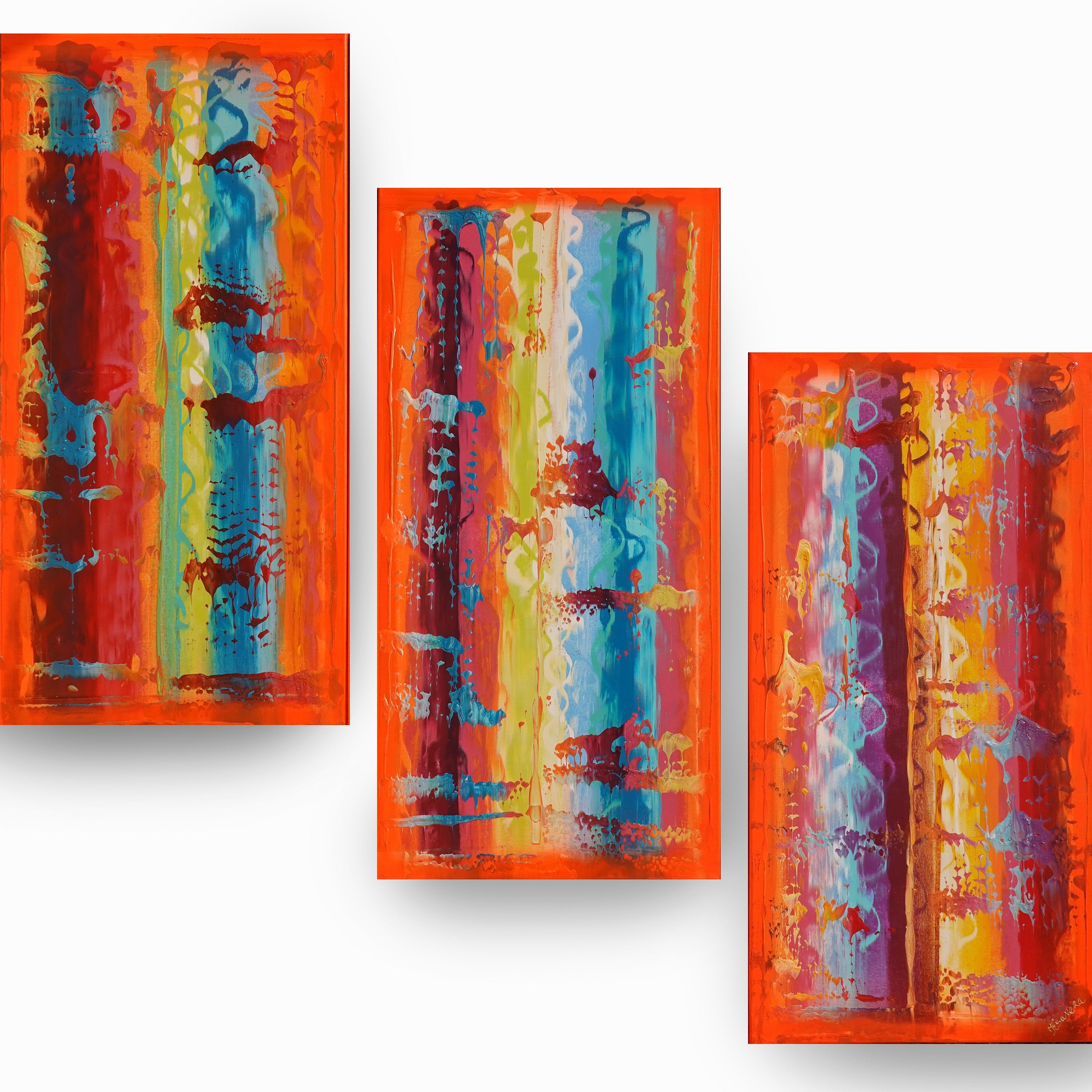 Neon orange Paintings “Abstract A837” - Large palette knife Triptych by Ksavera