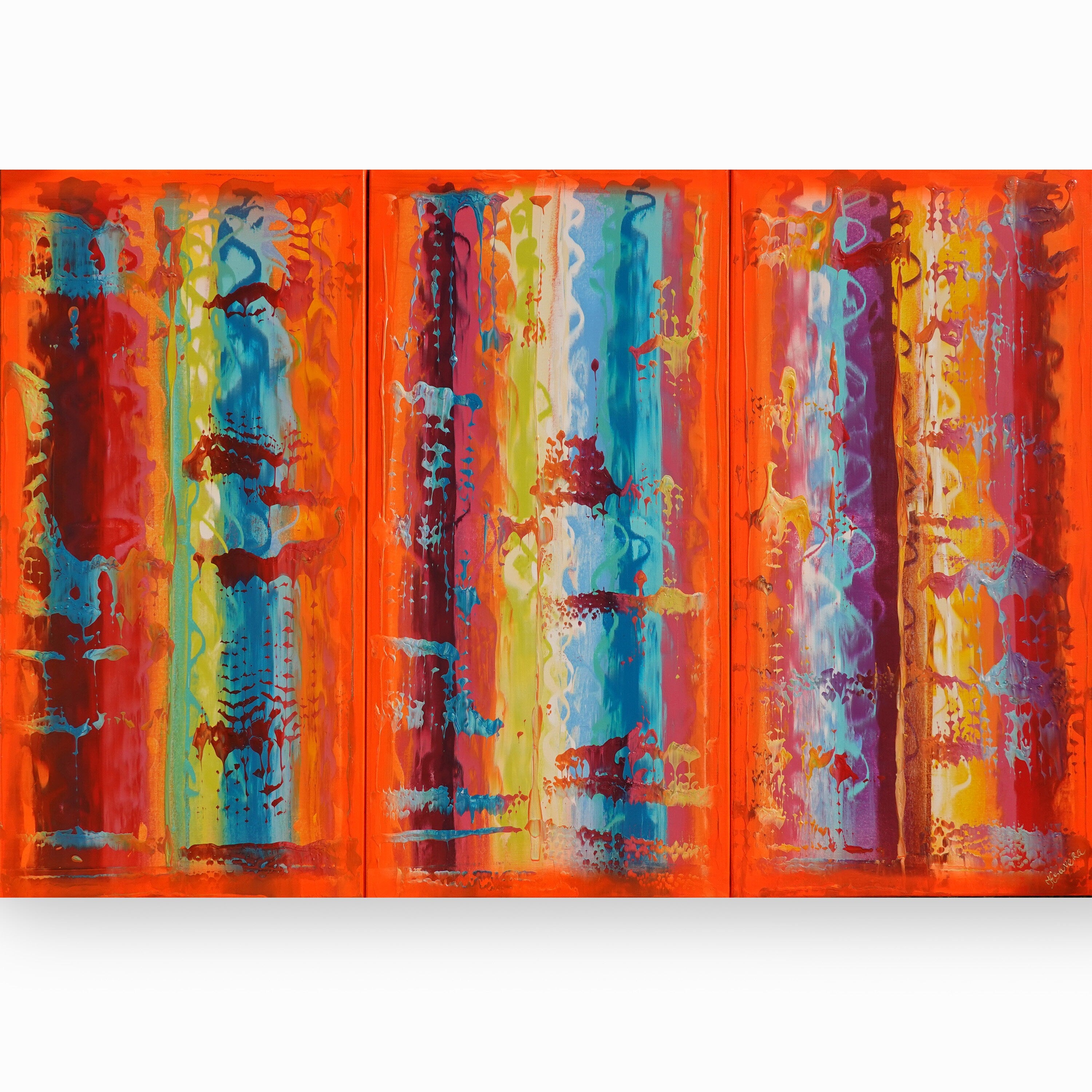 Neon orange Paintings “Abstract A837” - Large palette knife Triptych by Ksavera