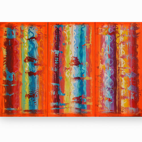 Neon orange Paintings “Abstract A837” - Large palette knife Triptych by Ksavera