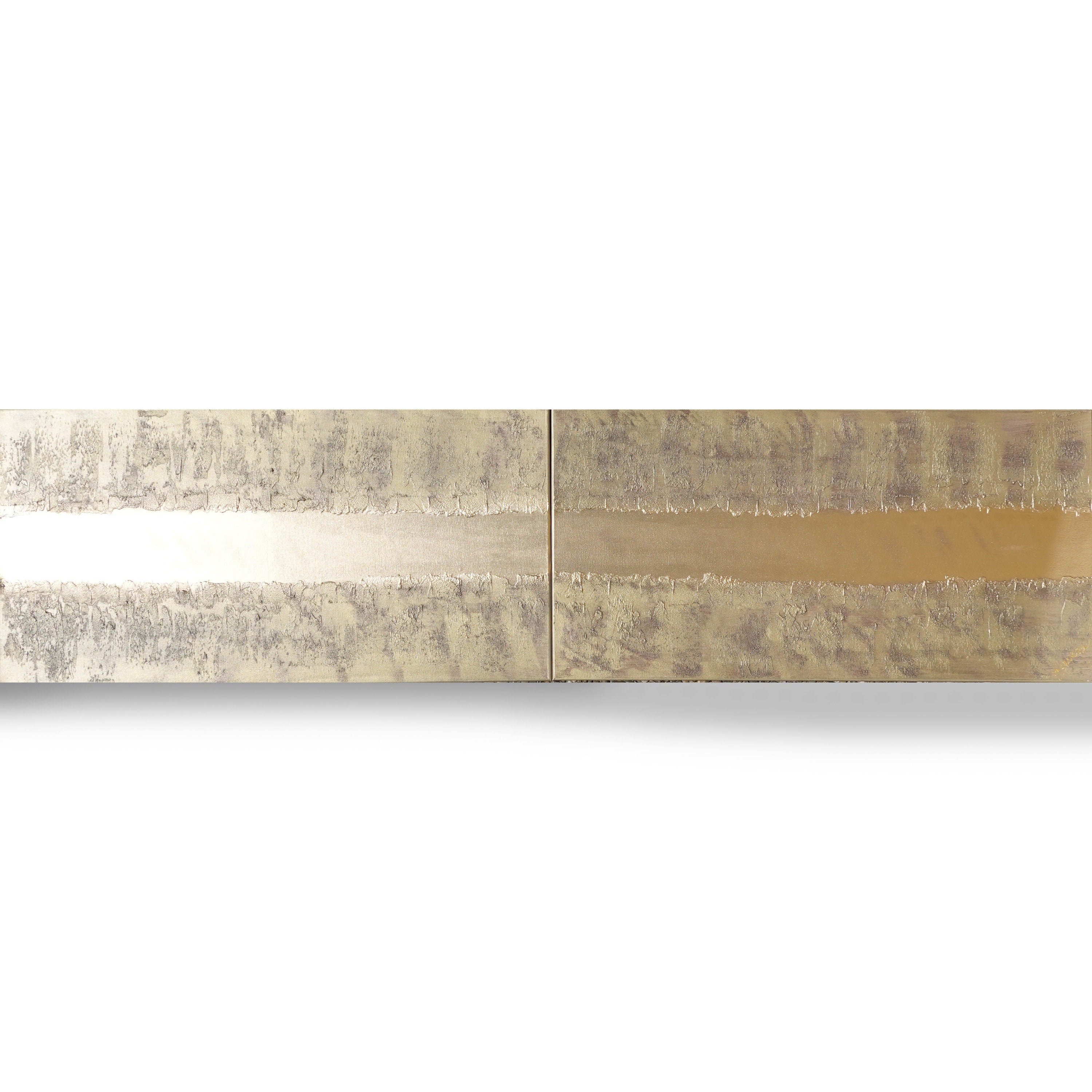Peinture abstraite en laiton doré A776 - Diptyque long texturé, peinture acrylique originale sur toile tendue par Ksavera