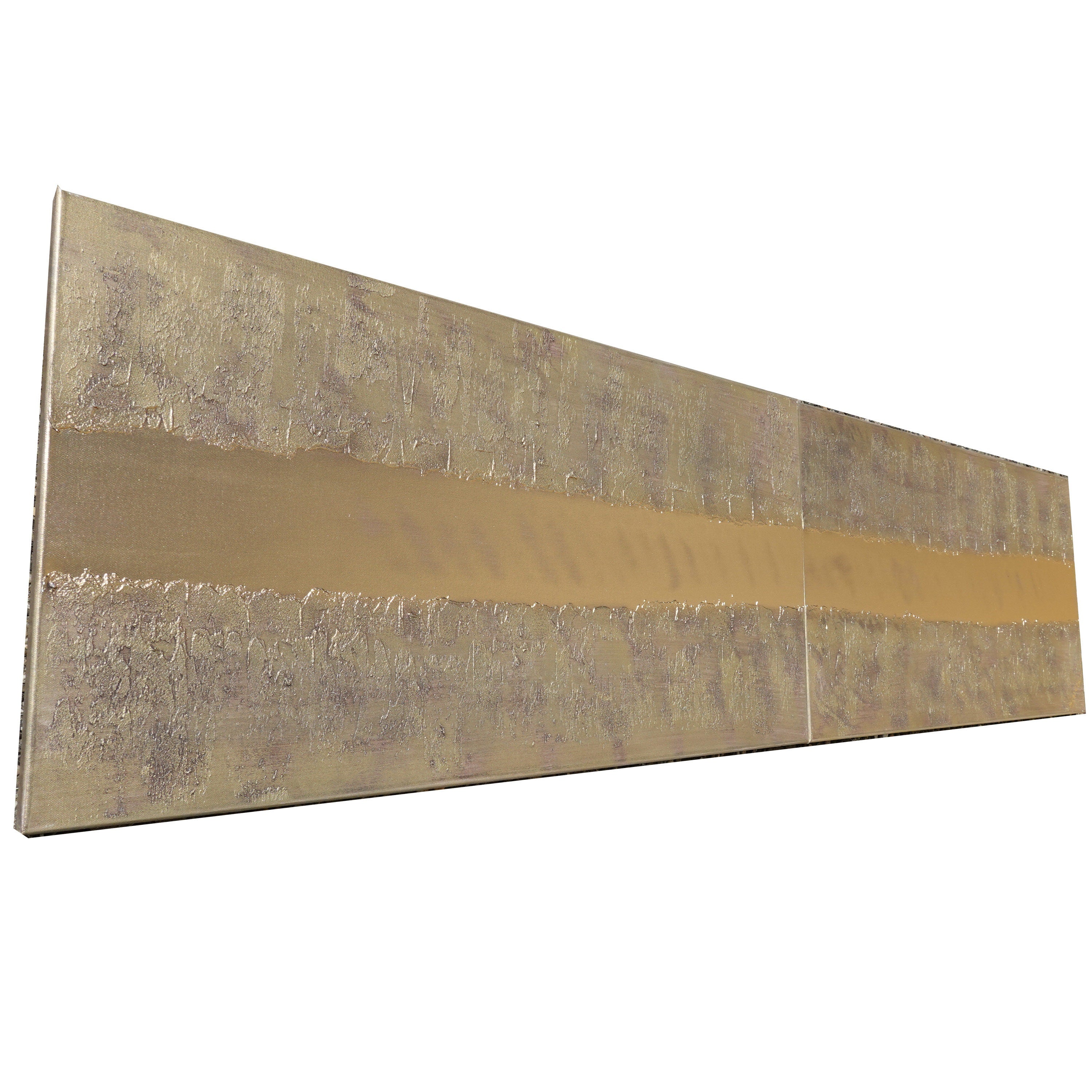 Peinture abstraite en laiton doré A776 - Diptyque long texturé, peinture acrylique originale sur toile tendue par Ksavera