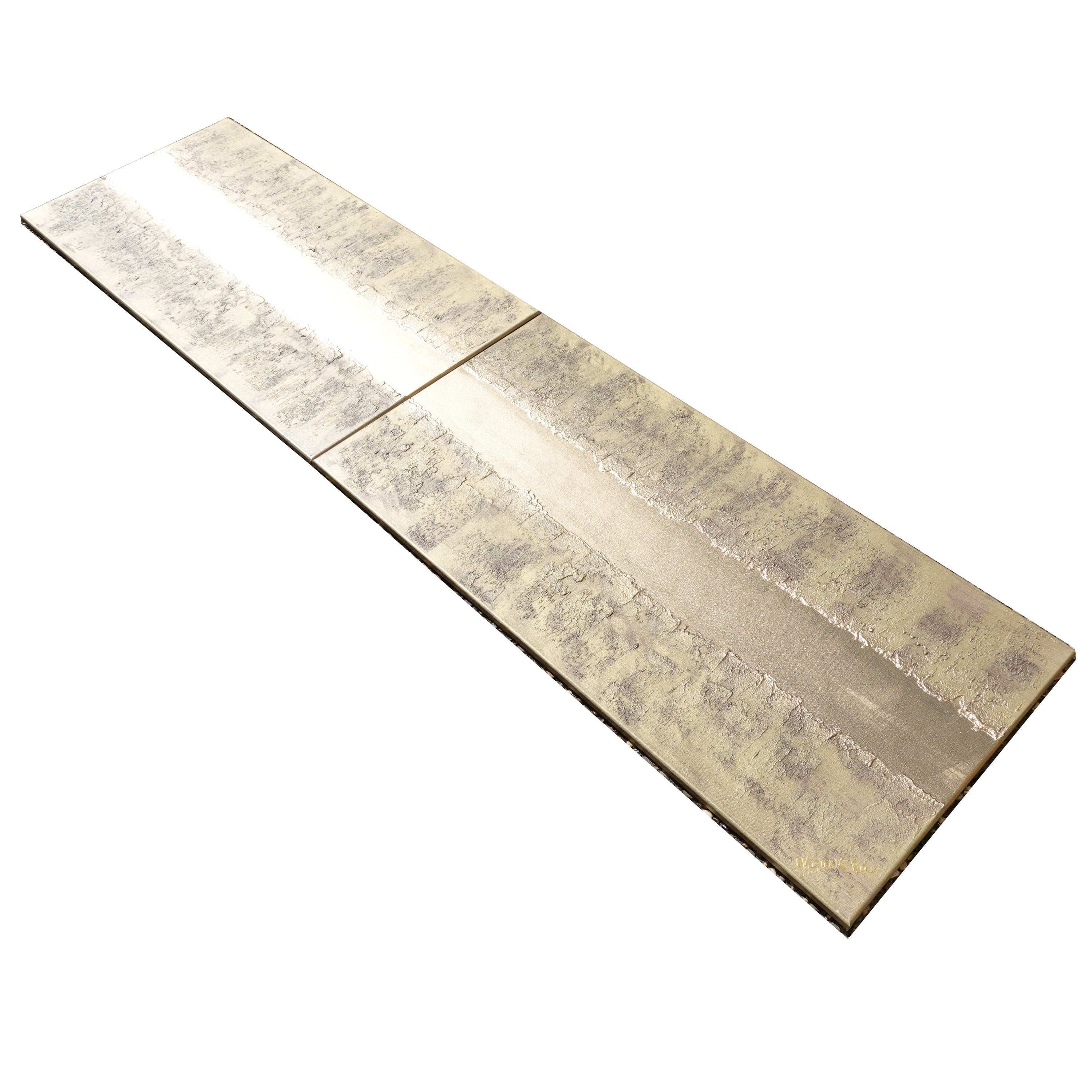 Peinture abstraite en laiton doré A776 - Diptyque long texturé, peinture acrylique originale sur toile tendue par Ksavera