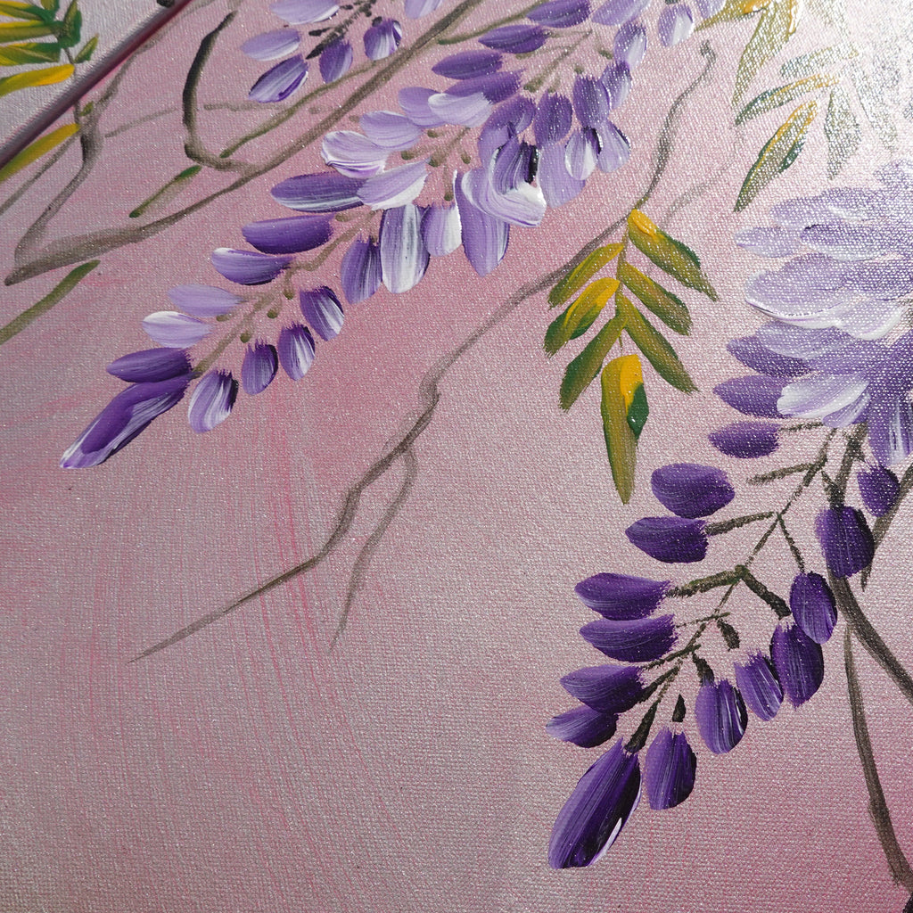Wisteria J241 is a large-scale Japanese-inspired rose-silver triptych.
Original Acrylic Painting on stretched canvas by artist Ksavera.