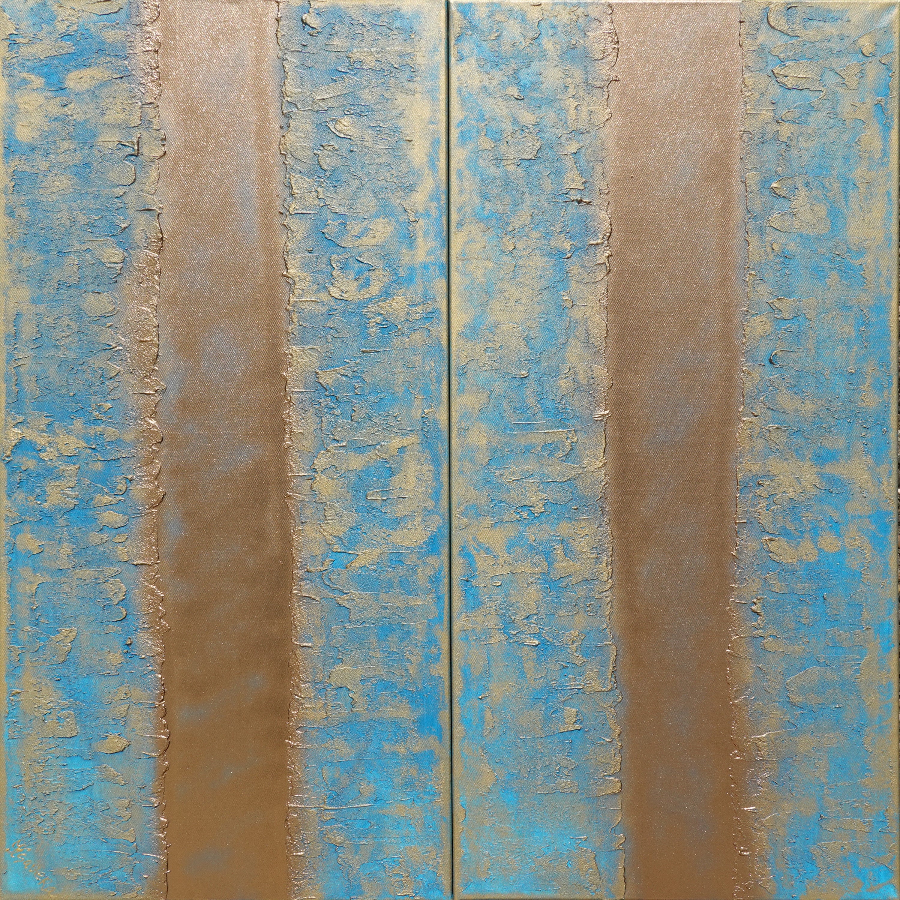 Gold blue Paintings “Abstract A999” - Textured Long Diptych by Ksavera