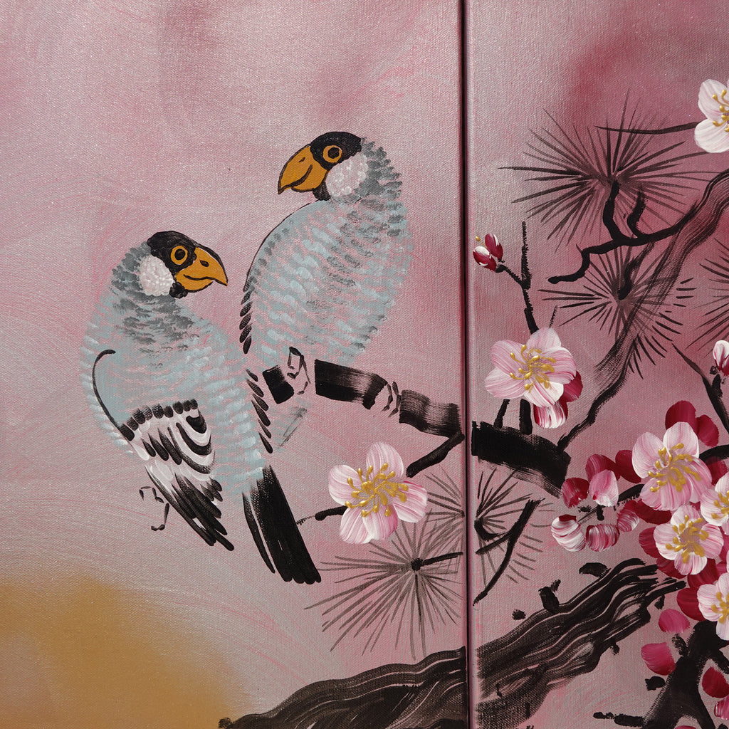 Birds and Sakura J245 is a large-scale Japanese-inspired rose-silver triptych.
Original Acrylic Painting on stretched canvas by artist Ksavera.