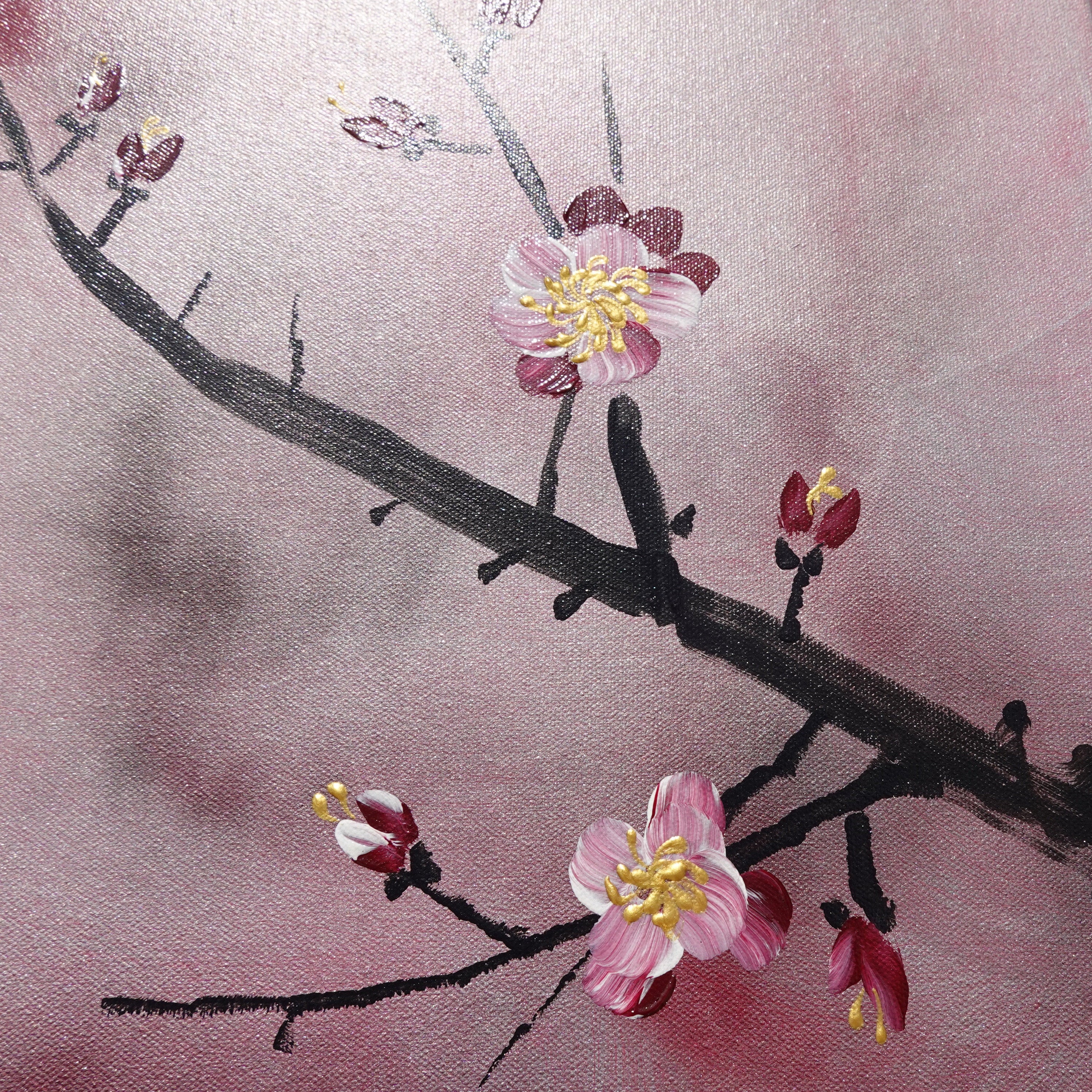 Birds and Sakura J245 is a large-scale Japanese-inspired rose-silver triptych.
Original Acrylic Painting on stretched canvas by artist Ksavera.