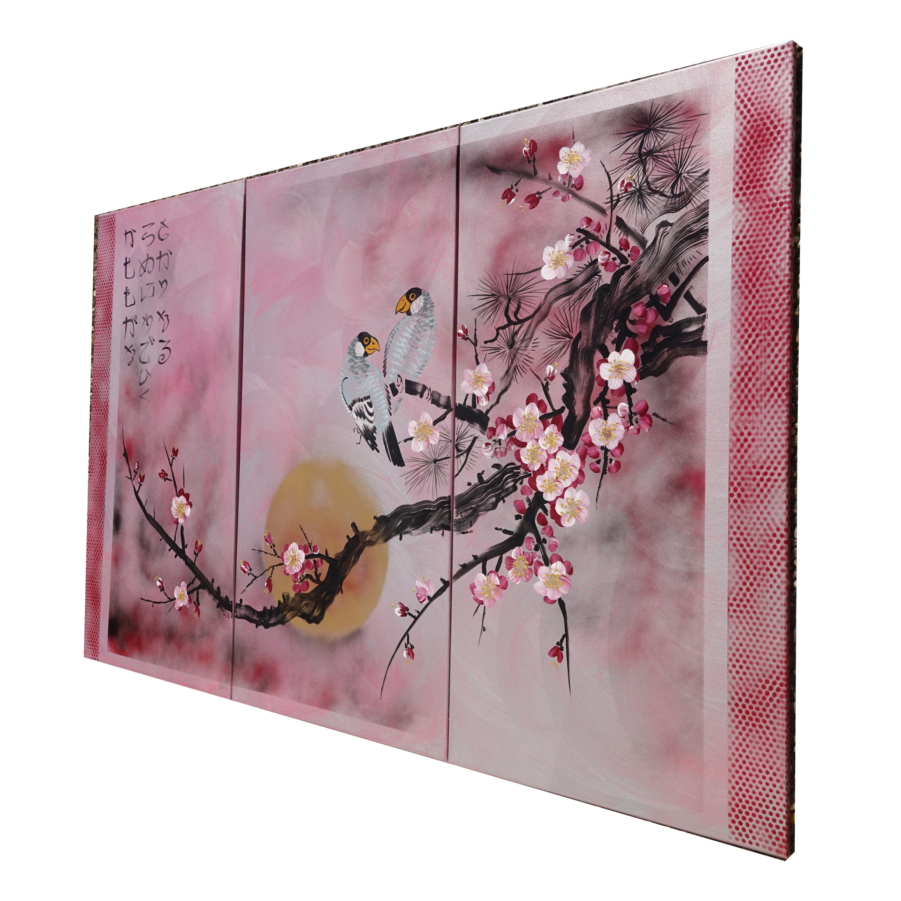 Birds and Sakura J245 — Japanese rose Triptych - Original Acrylic Painting by Ksavera