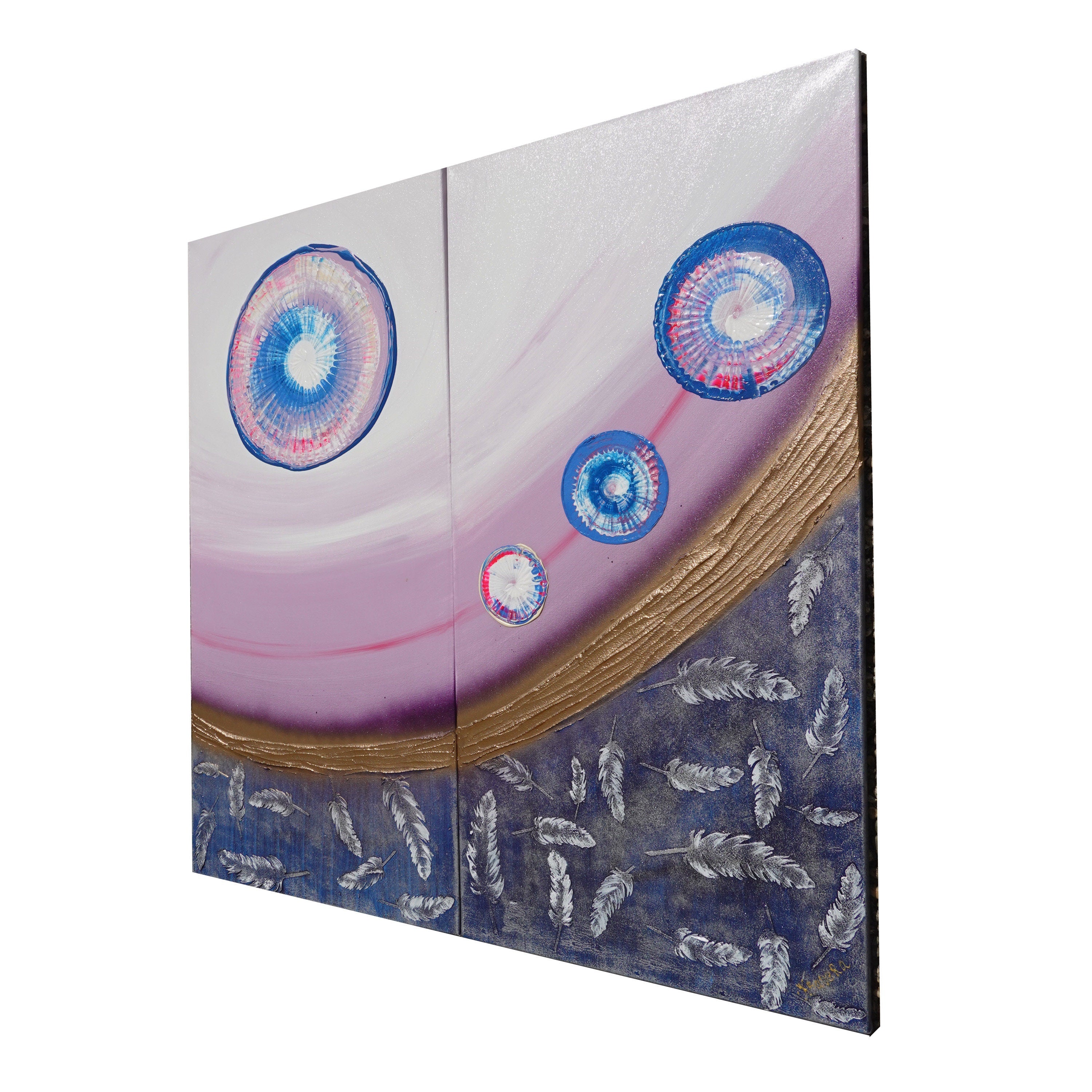 Peintures abstraites violettes A1003 — Diptyque long texturé, peinture acrylique originale sur toile tendue de l'artiste Ksavera