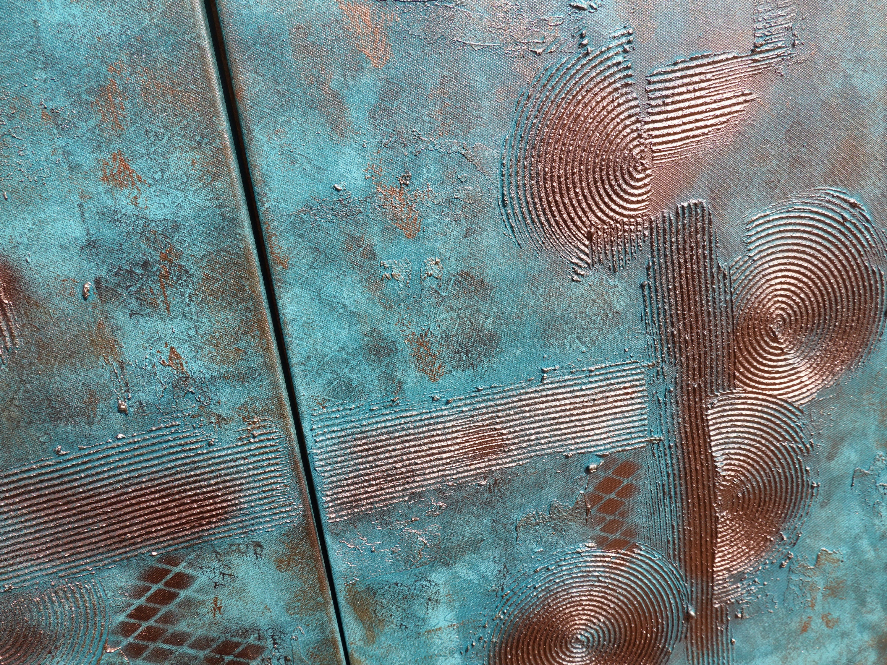 Copper patina Paintings “Abstract A029” - Textured Long Diptych by Ksavera