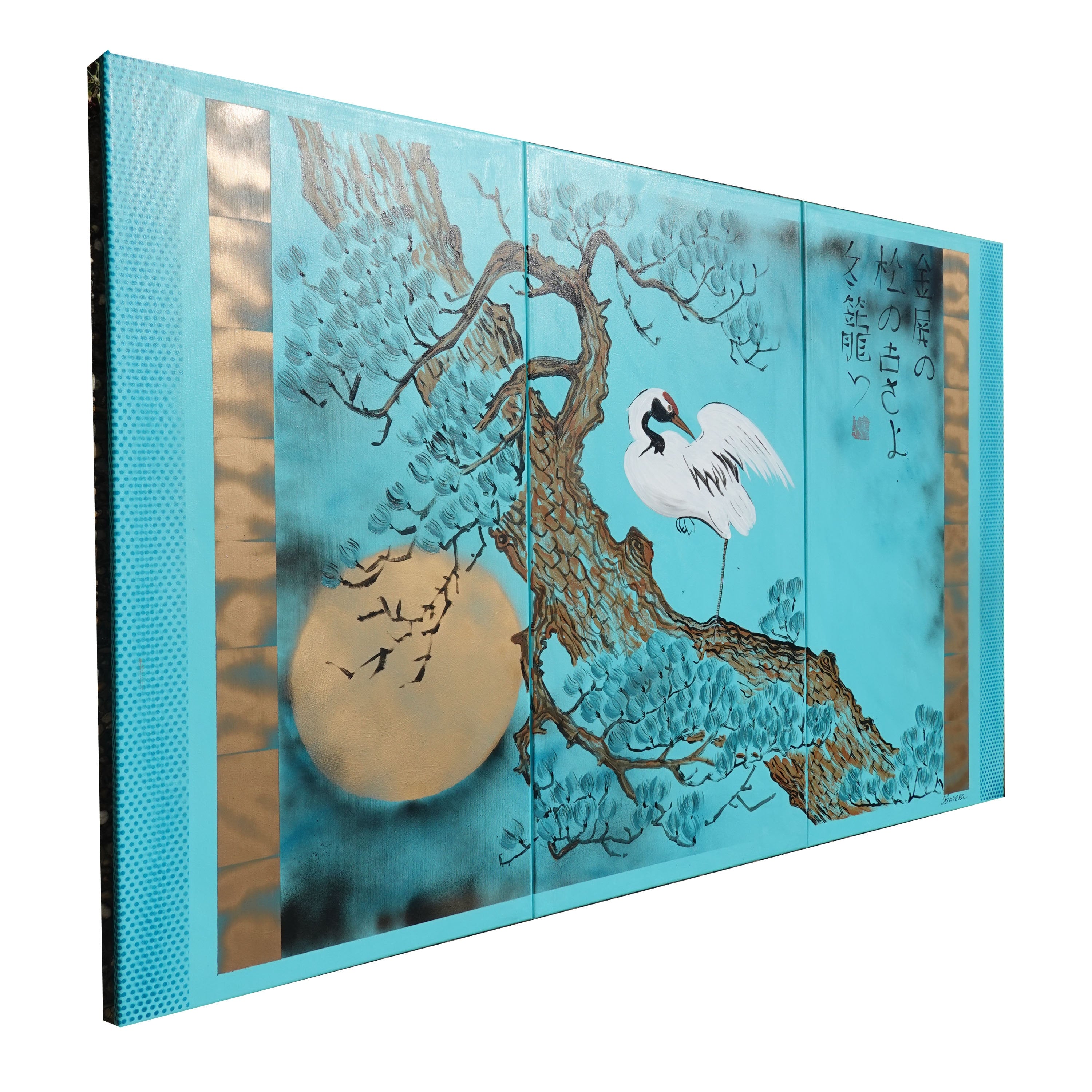 Japanese crane and pine J233 - Large turquoise triptych - original painting by Ksavera