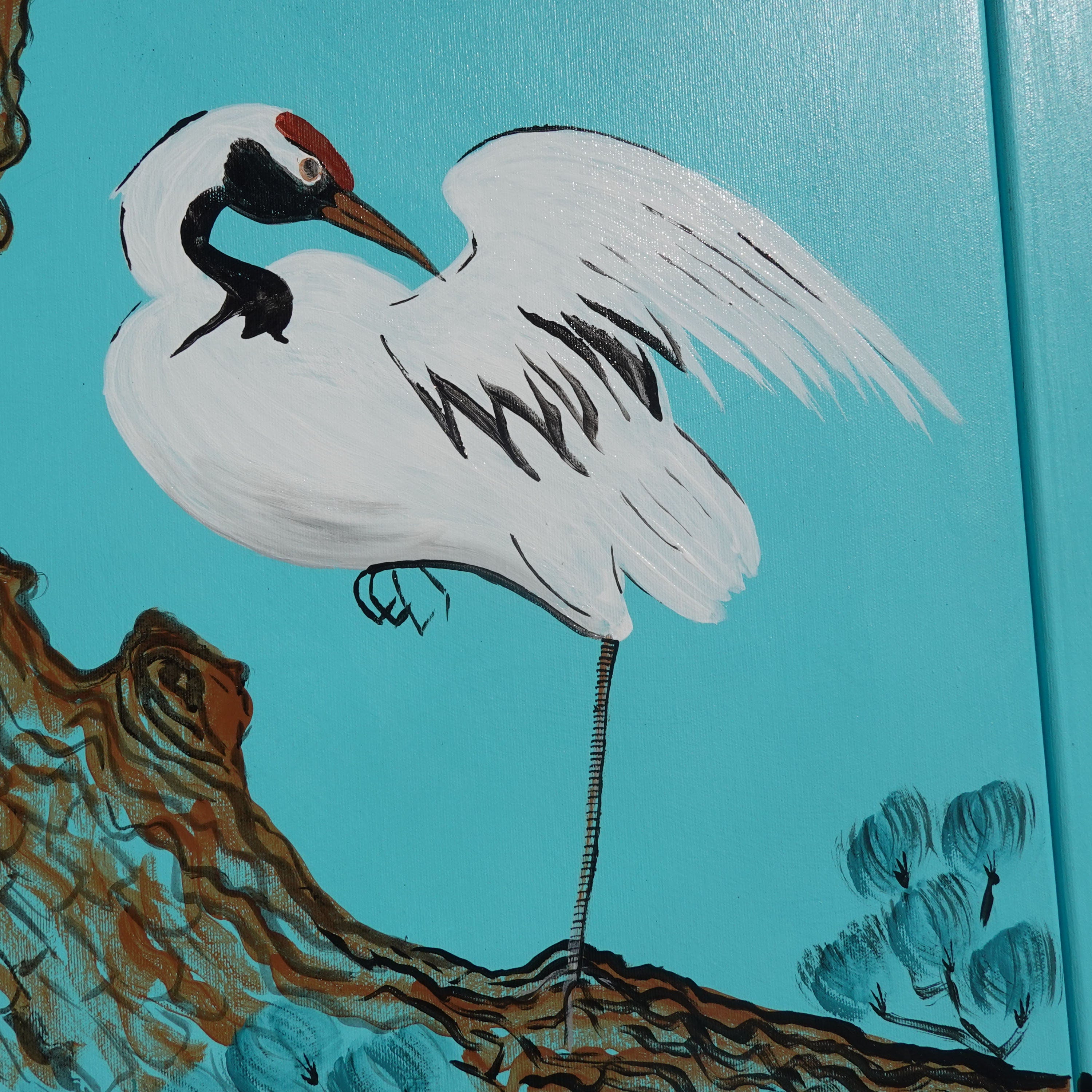 Japanese crane and pine J233 - Large turquoise triptych - original painting by Ksavera