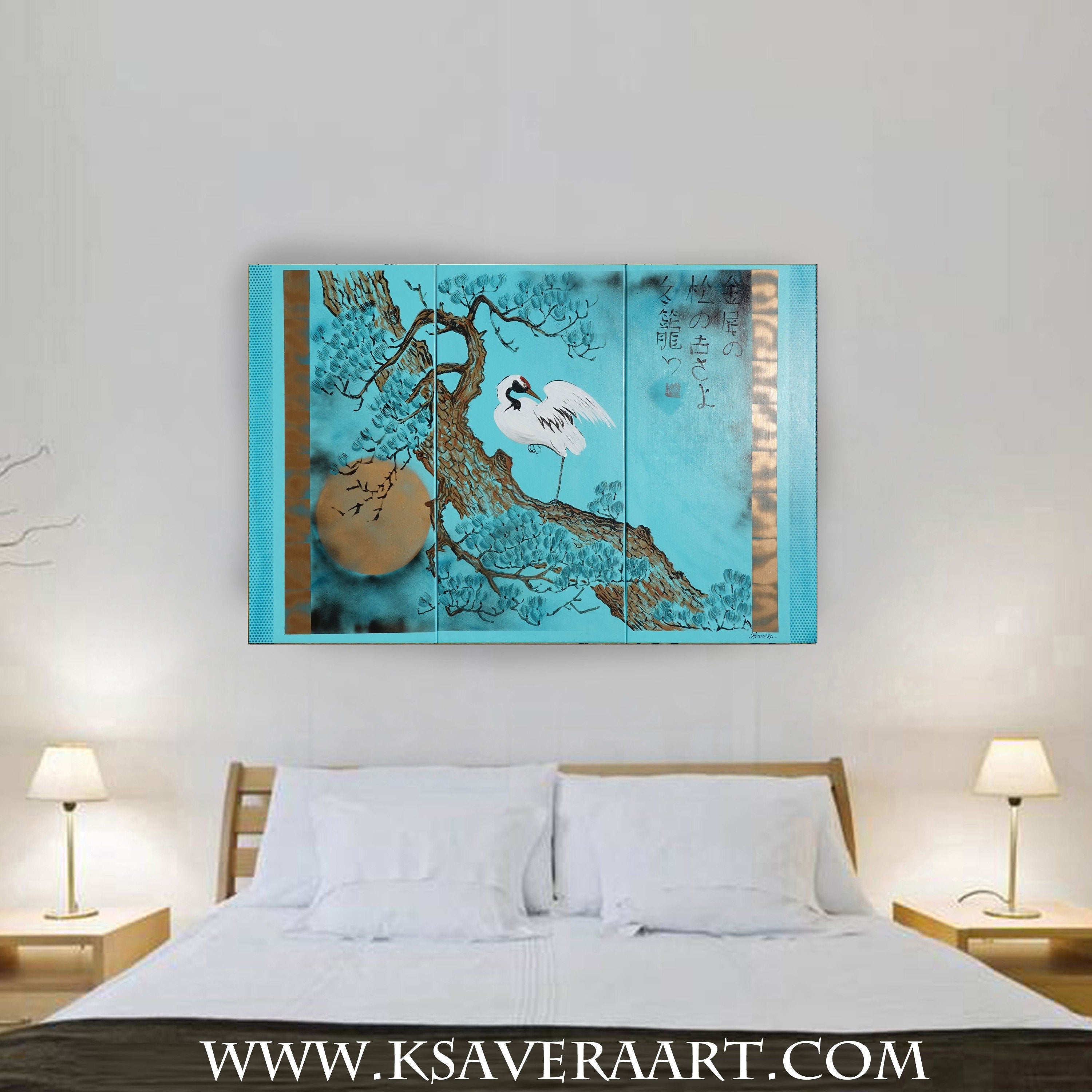 Japanese crane and pine J233 - Large turquoise triptych - original painting by Ksavera