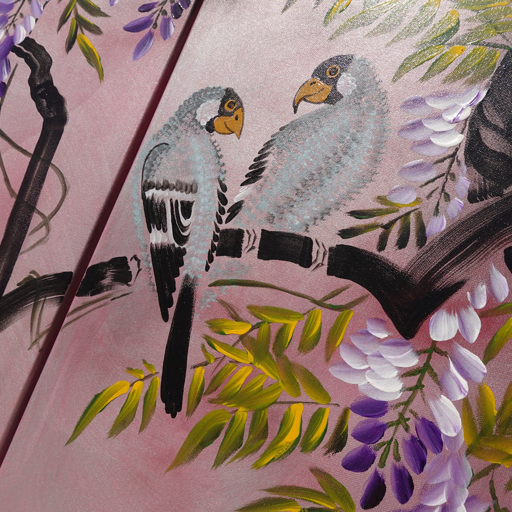 Wisteria J241 is a large-scale Japanese-inspired rose-silver triptych.
Original Acrylic Painting on stretched canvas by artist Ksavera.