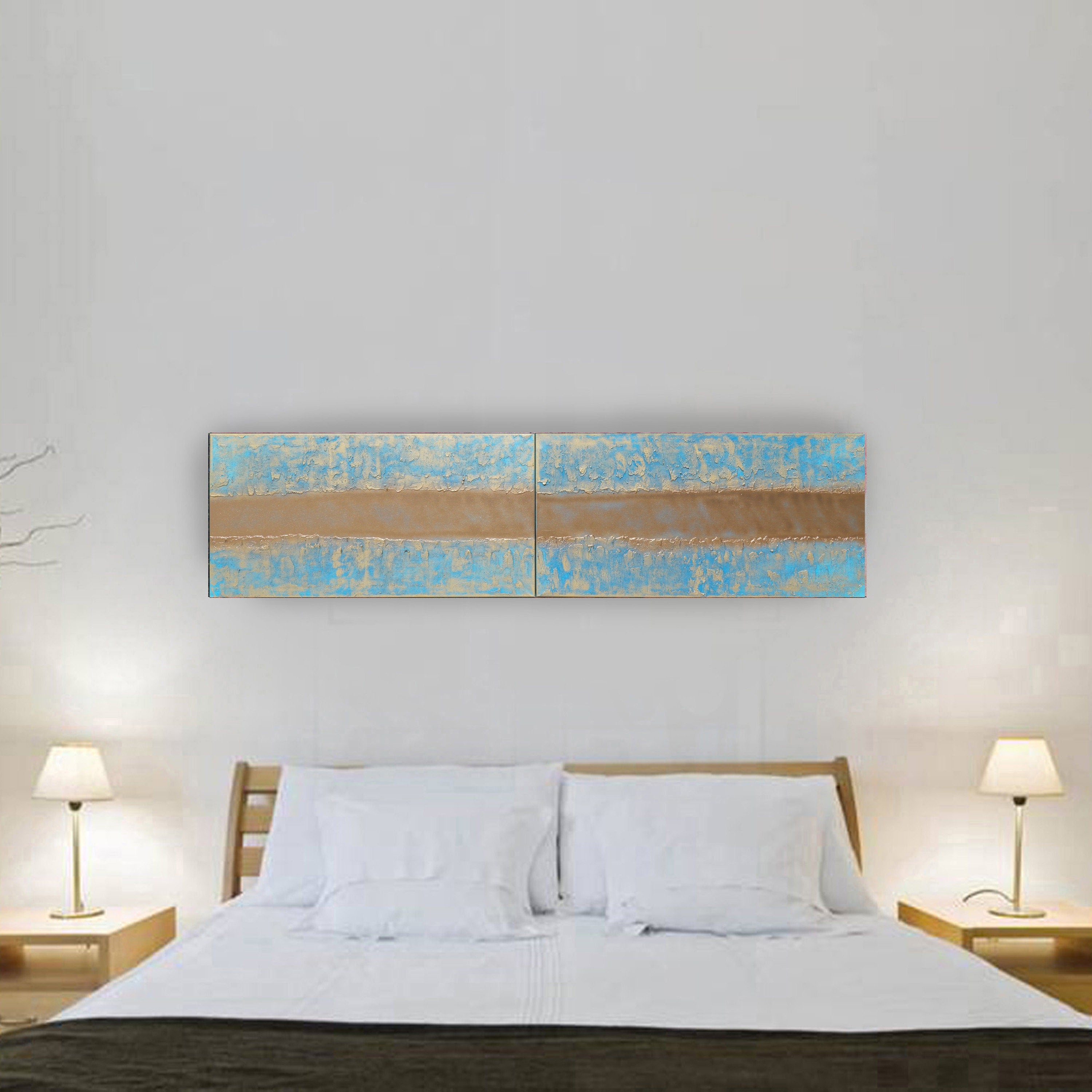 Gold blue Paintings “Abstract A999” - Textured Long Diptych by Ksavera