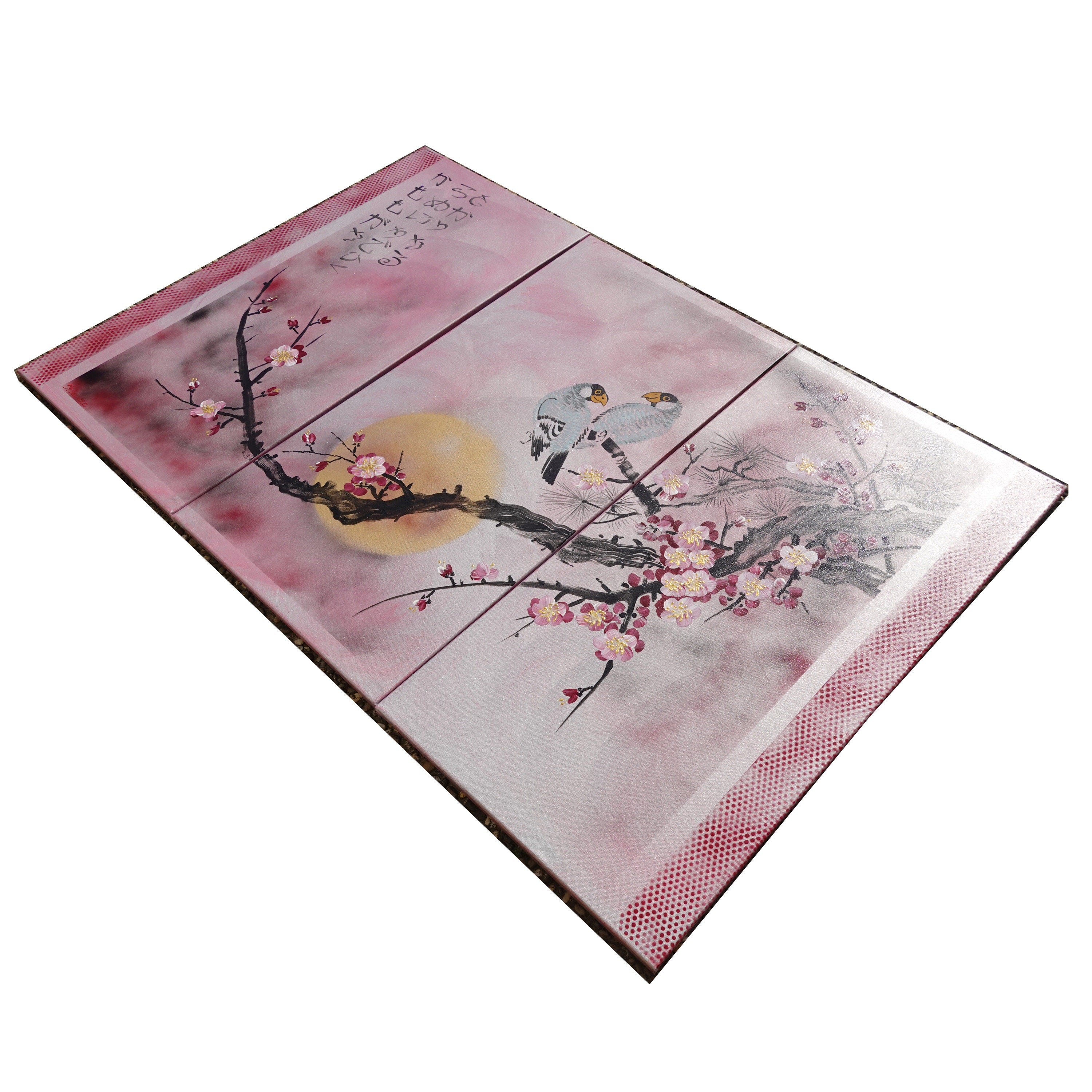 Birds and Sakura J245 is a large-scale Japanese-inspired rose-silver triptych.
Original Acrylic Painting on stretched canvas by artist Ksavera.