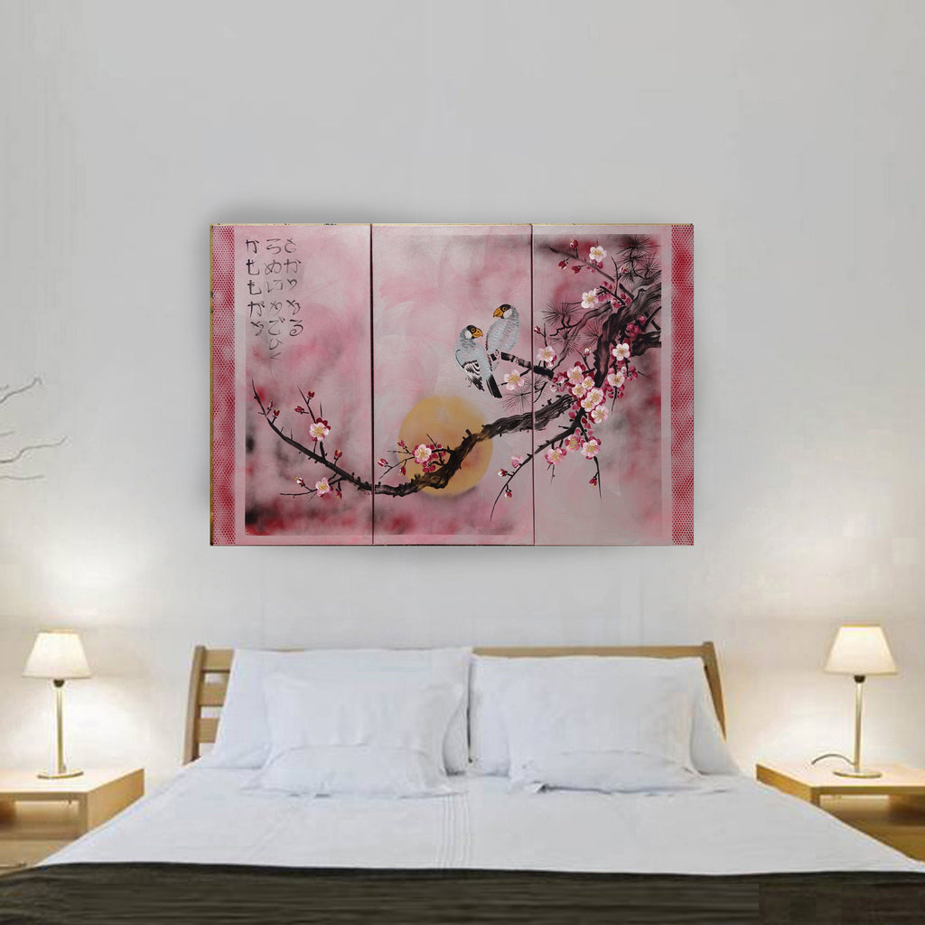 Birds and Sakura J245 is a large-scale Japanese-inspired rose-silver triptych.
Original Acrylic Painting on stretched canvas by artist Ksavera.