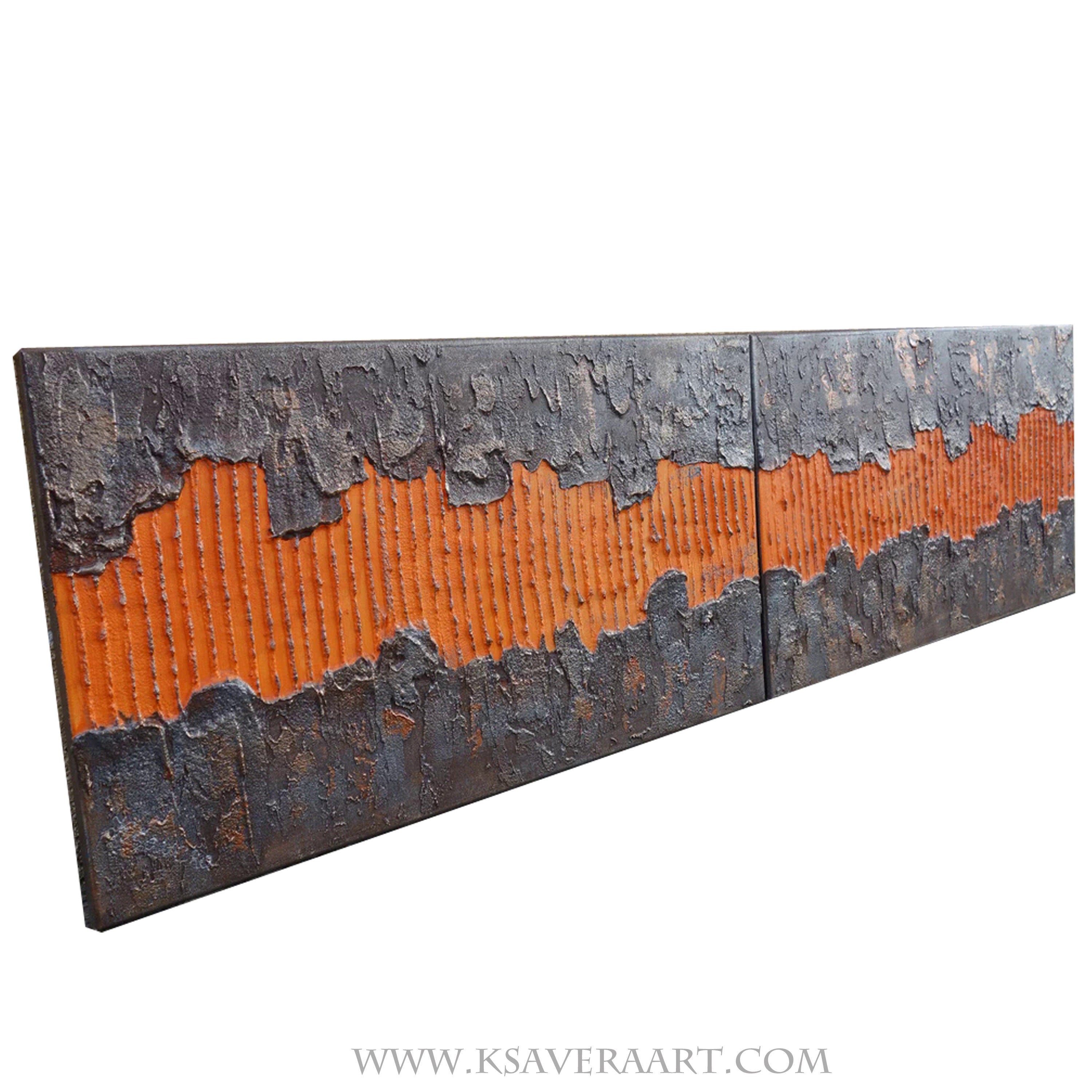 Irusty iron orange Paintings “Abstract A043” - Textured Long Diptych by Ksavera