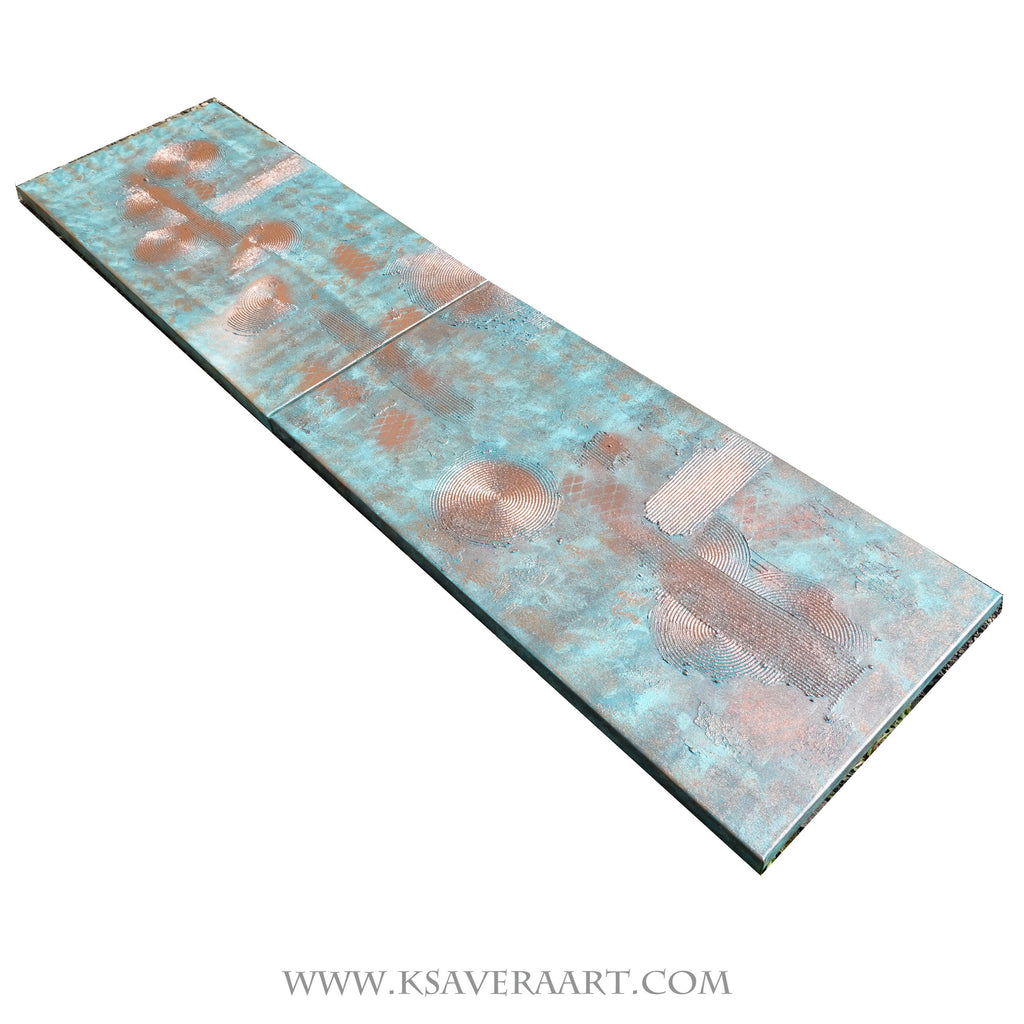 Peintures à patine de cuivre « Abstrait A029 » - Diptyque allongé texturé de Ksavera
