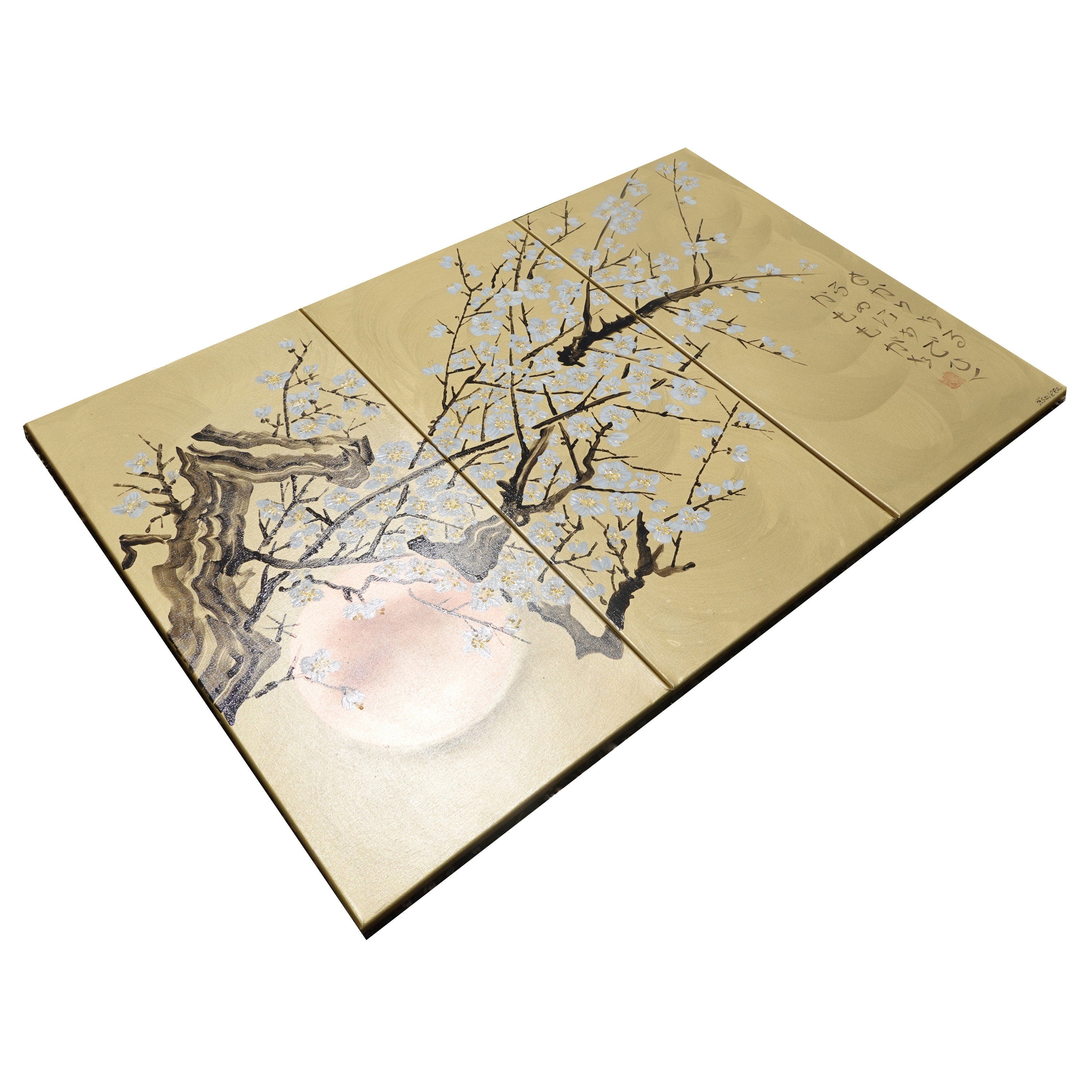 White Sakura J226 is a large Japanese gold triptych by Ksavera