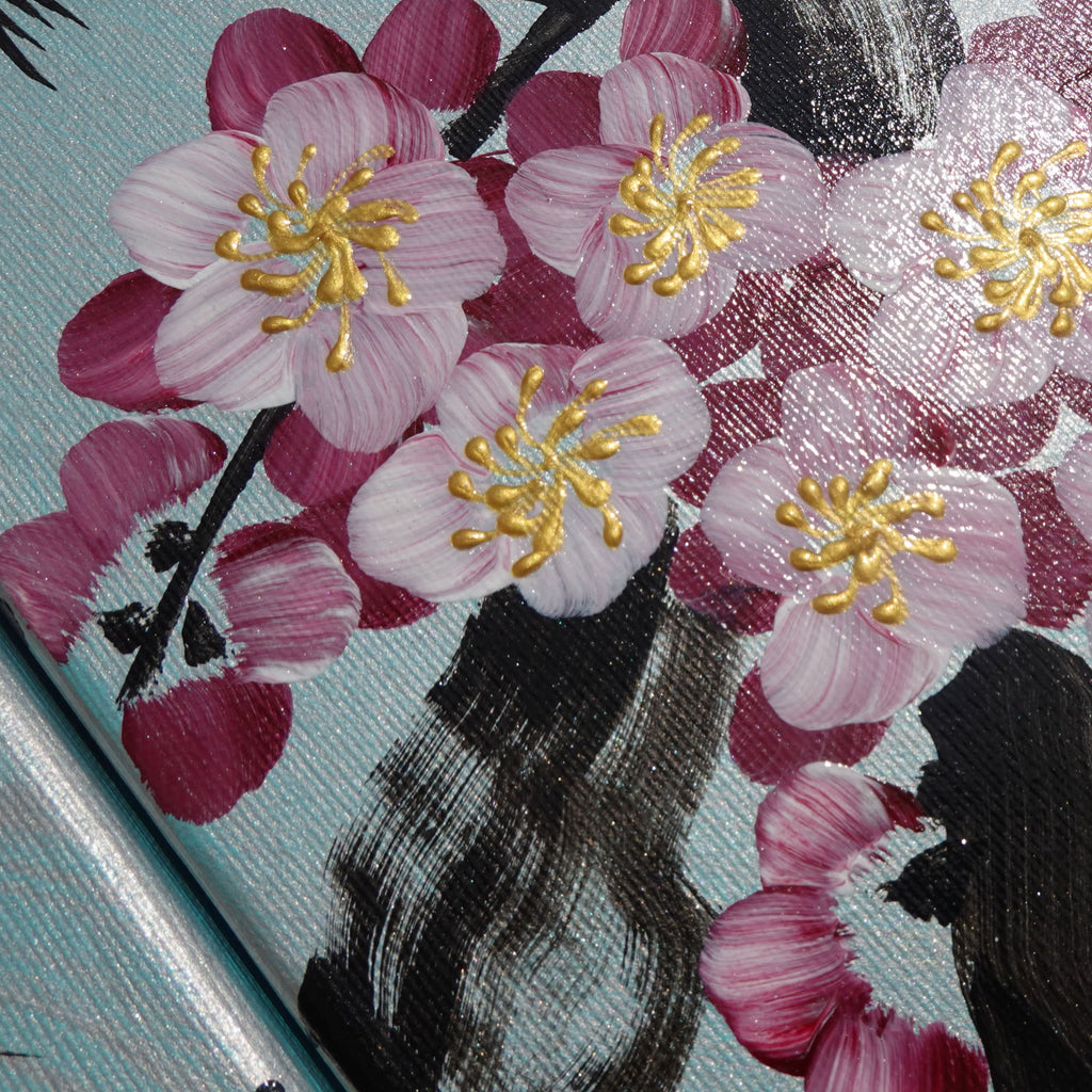 Sakura and love birds J232 is a large Japanese silver triptych by Ksavera