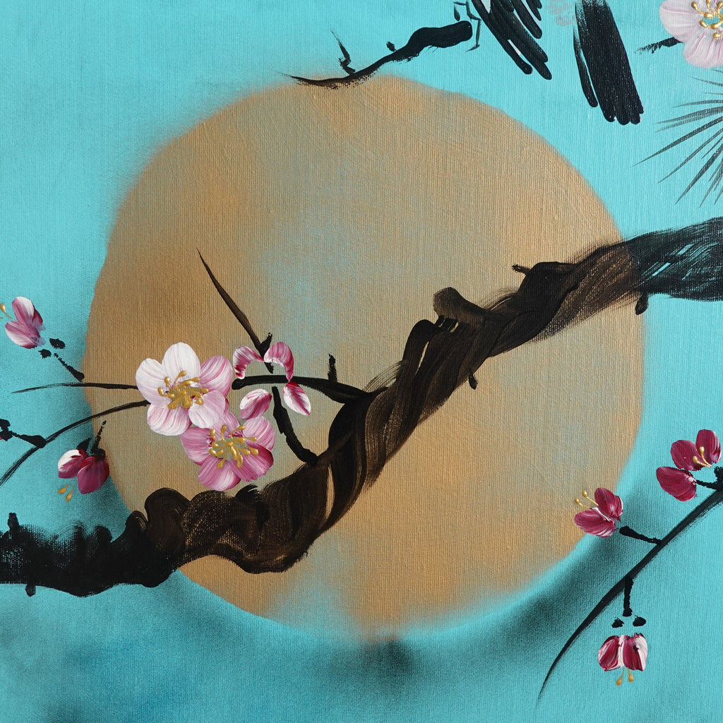 Sakura and love birds J238 is a large Japanese turquoise triptych by Ksavera