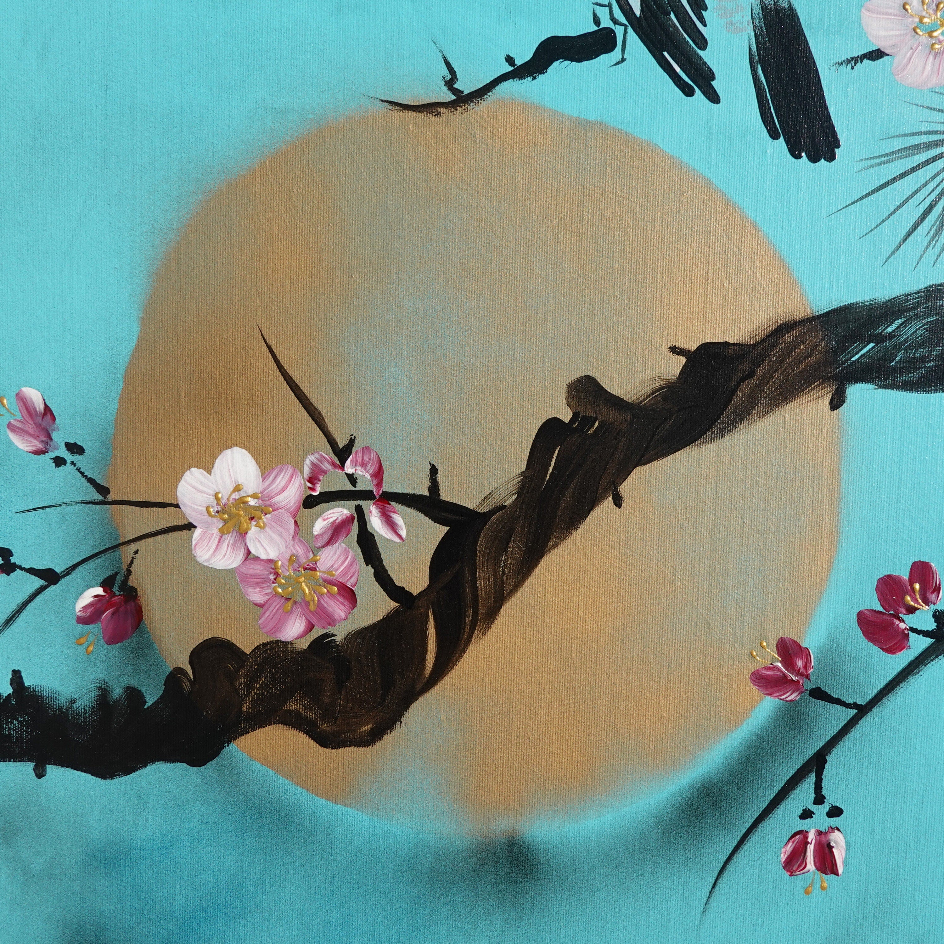 Sakura and love birds J238 is a large Japanese turquoise triptych by Ksavera