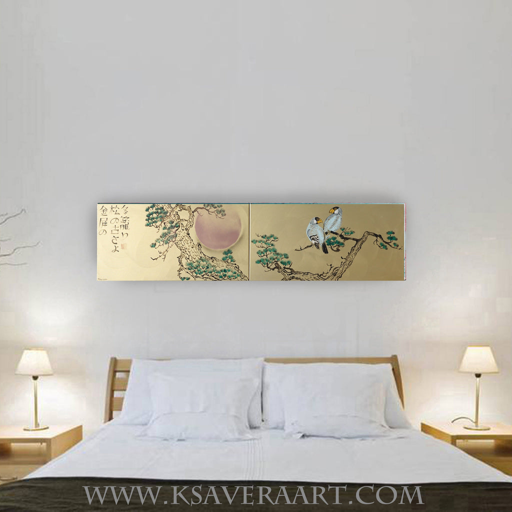 Pine and love birds J250 is a long Japanese-inspired gold diptych.

Original Acrylic Painting on stretched canvas by artist Ksavera.
