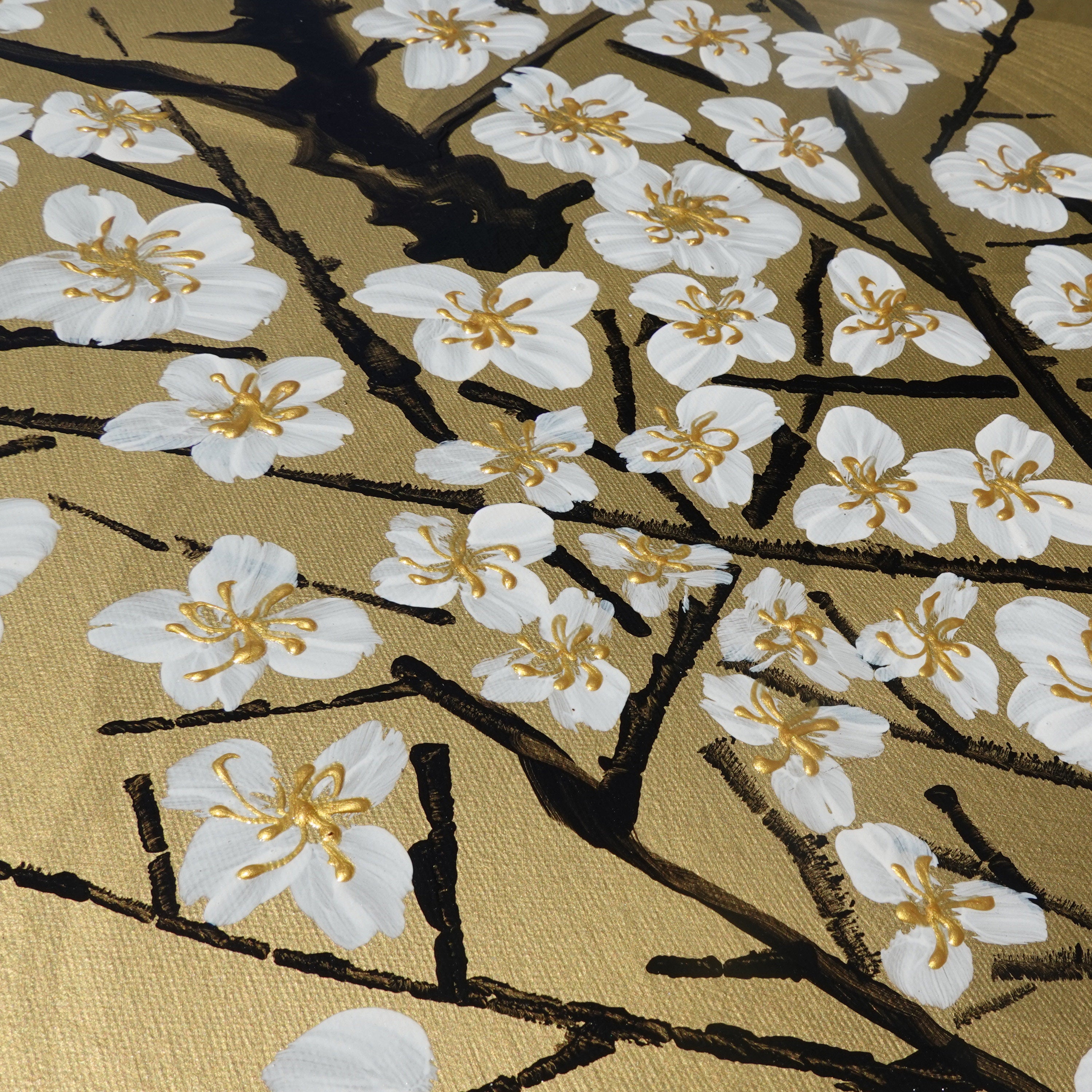 White Sakura J226 is a large Japanese gold triptych by Ksavera
