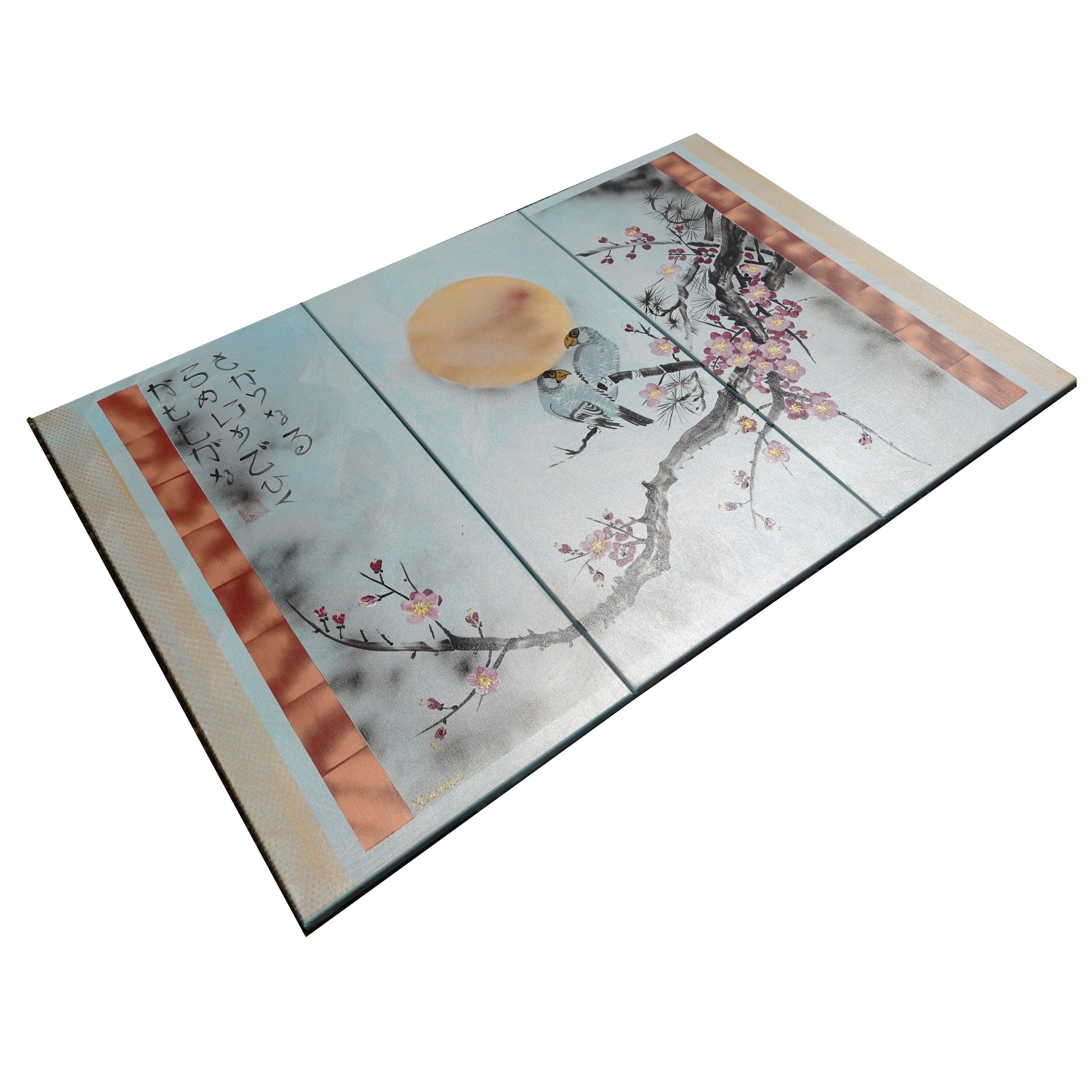 Sakura and love birds J232 is a large Japanese silver triptych by Ksavera