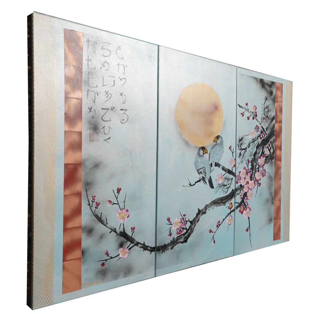 Sakura and love birds J232 is a large Japanese silver triptych by Ksavera
