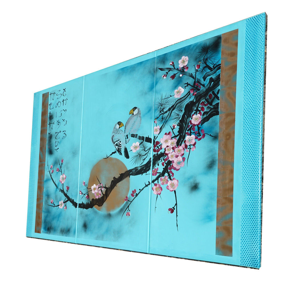 Sakura and love birds J238 is a large Japanese turquoise triptych by Ksavera