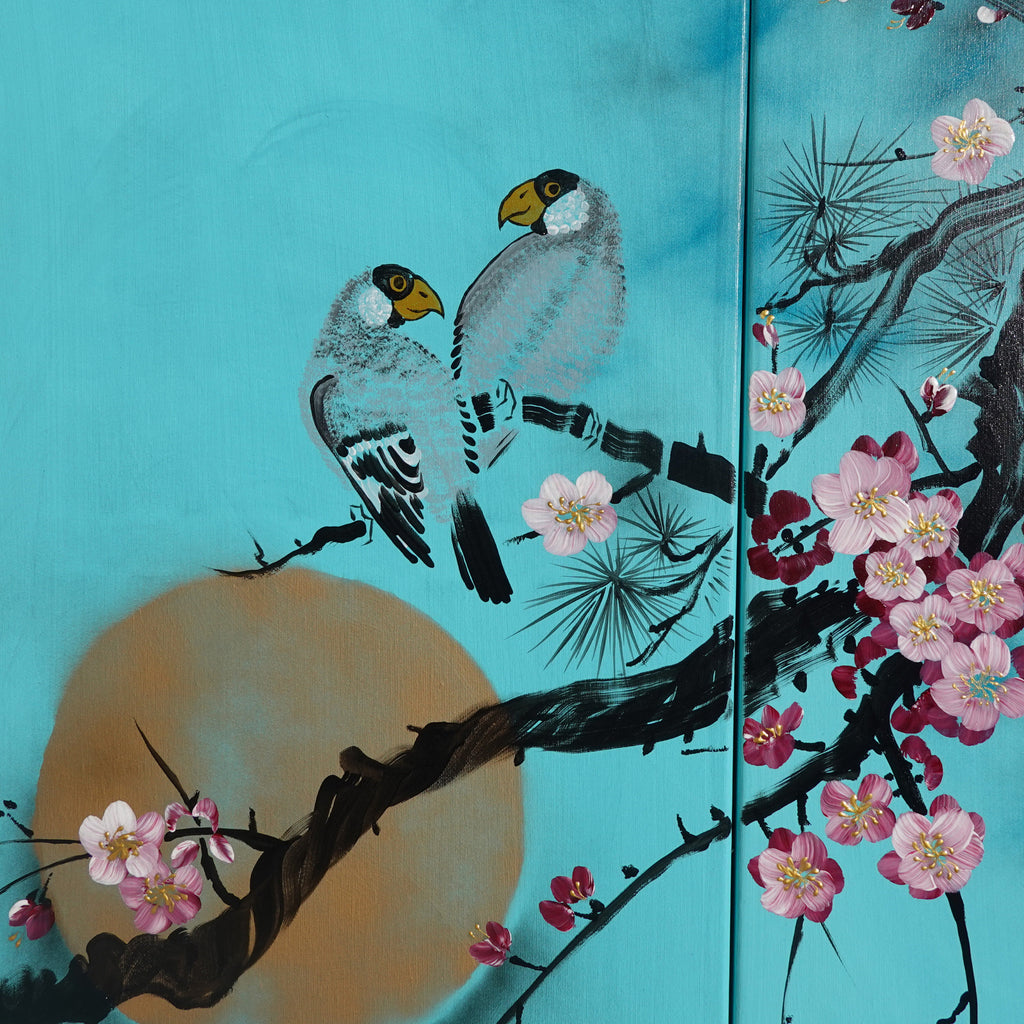 Sakura and love birds J238 is a large Japanese turquoise triptych by Ksavera