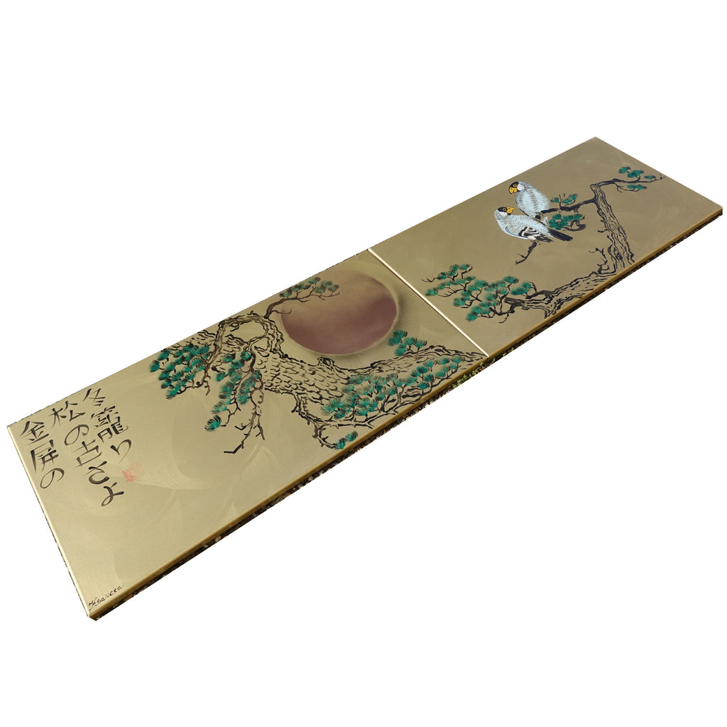 Pine and love birds J250 is a long Japanese-inspired gold diptych.

Original Acrylic Painting on stretched canvas by artist Ksavera.