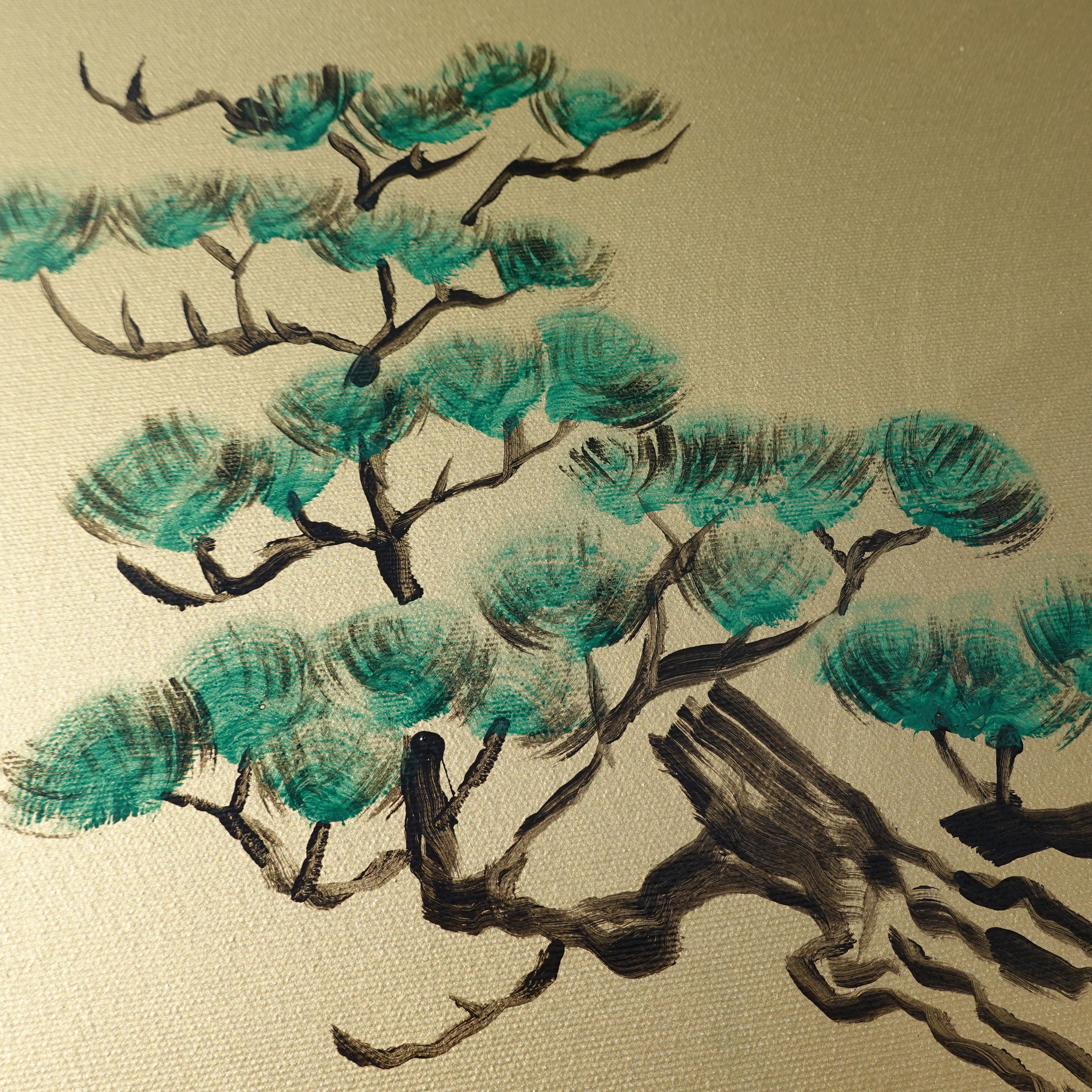 Pine and love birds J250 is a long Japanese-inspired gold diptych.

Original Acrylic Painting on stretched canvas by artist Ksavera.