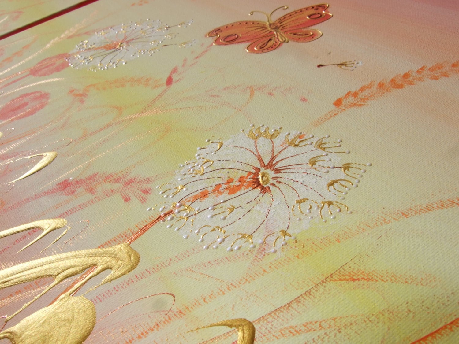 Dandelions meadow Paintings “Floral B006” - Red Long Diptych by Ksavera