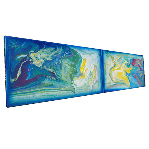 Pouring Abstract paintings A1068 - large blue diptych, original acrylic painting by artist Ksavera