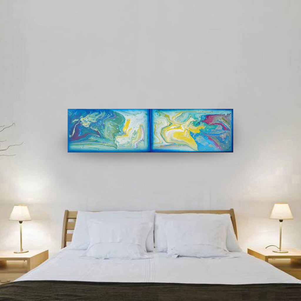 Pouring Abstract paintings A1068 - large blue diptych, original acrylic painting by artist Ksavera