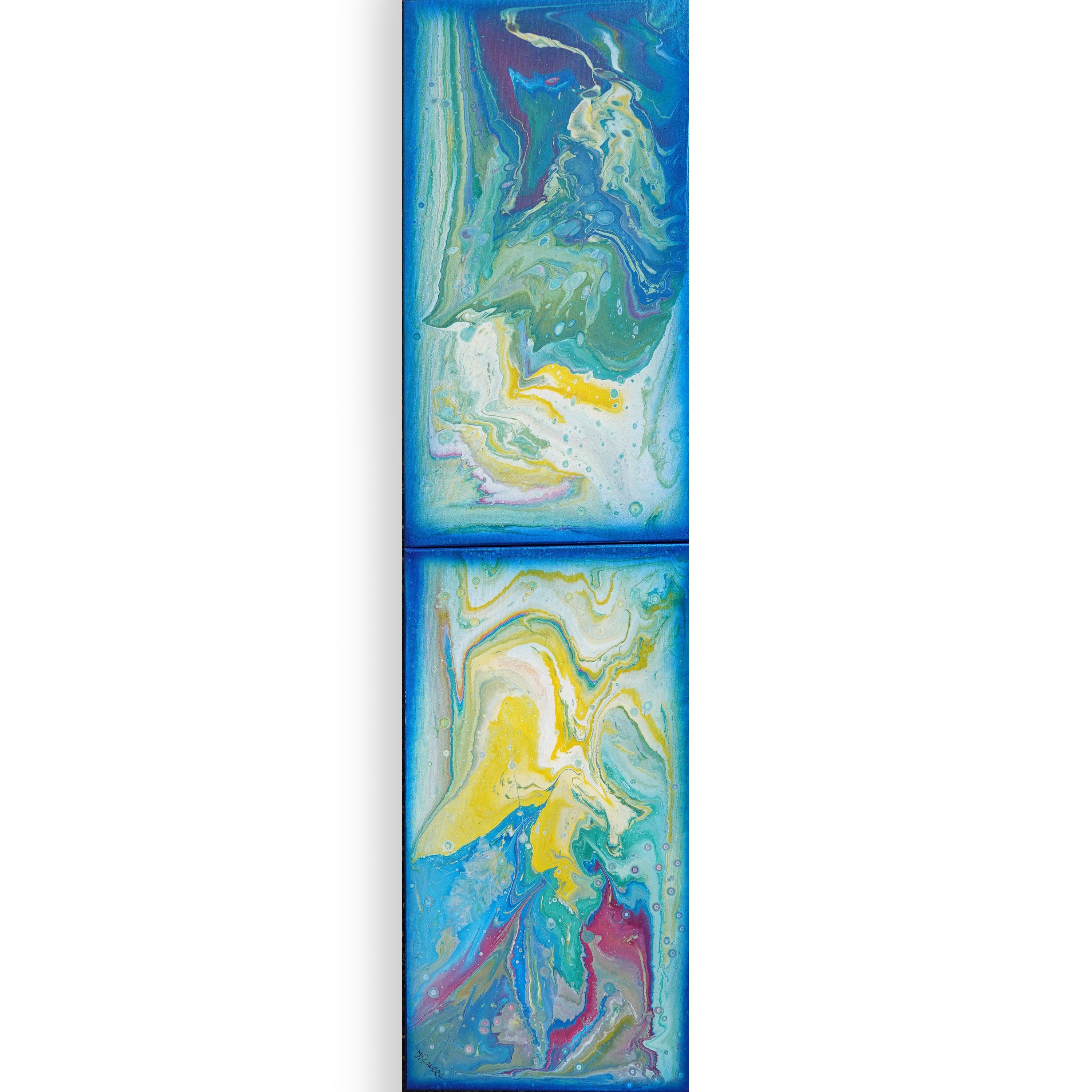Pouring Abstract paintings A1068 - large blue diptych, original acrylic painting by artist Ksavera