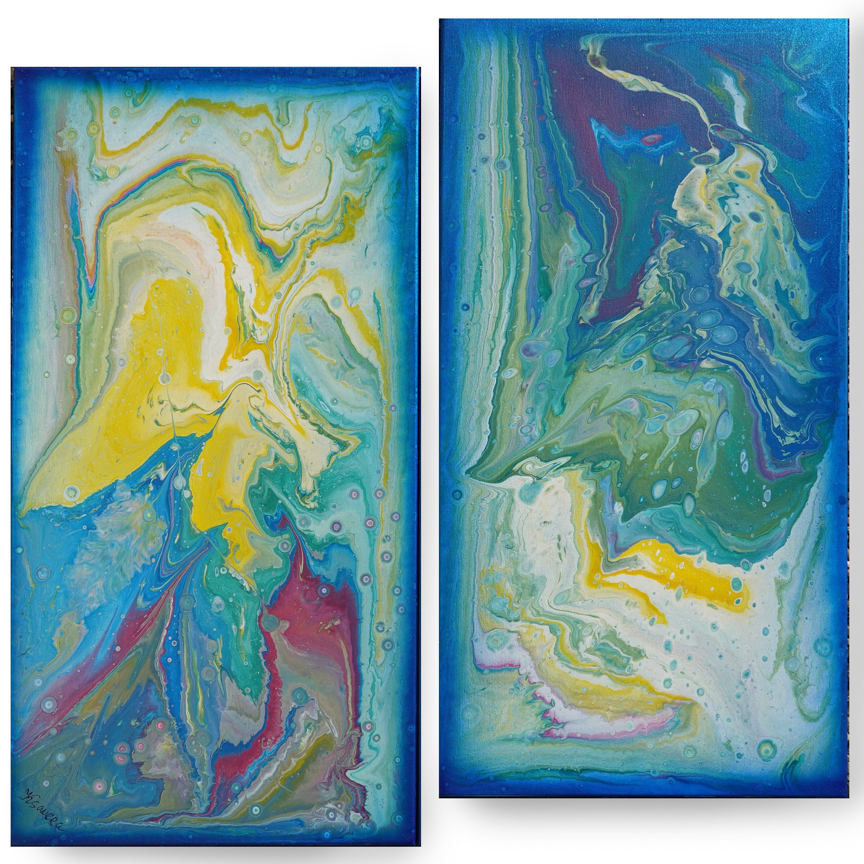 Pouring Abstract paintings A1068 - large blue diptych, original acrylic painting by artist Ksavera