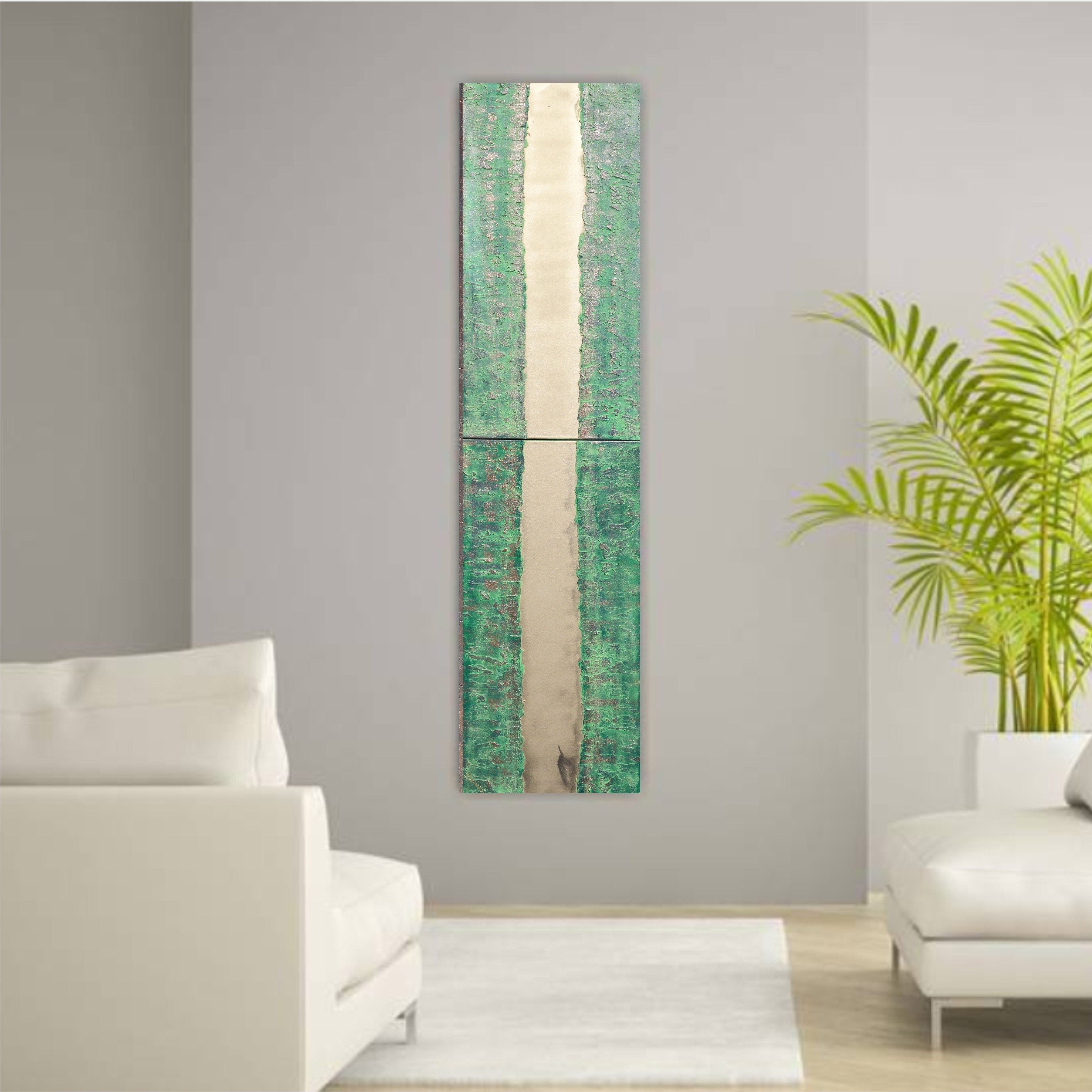 Gold green Paintings “Abstract A248” - Textured Long Diptych by Ksavera