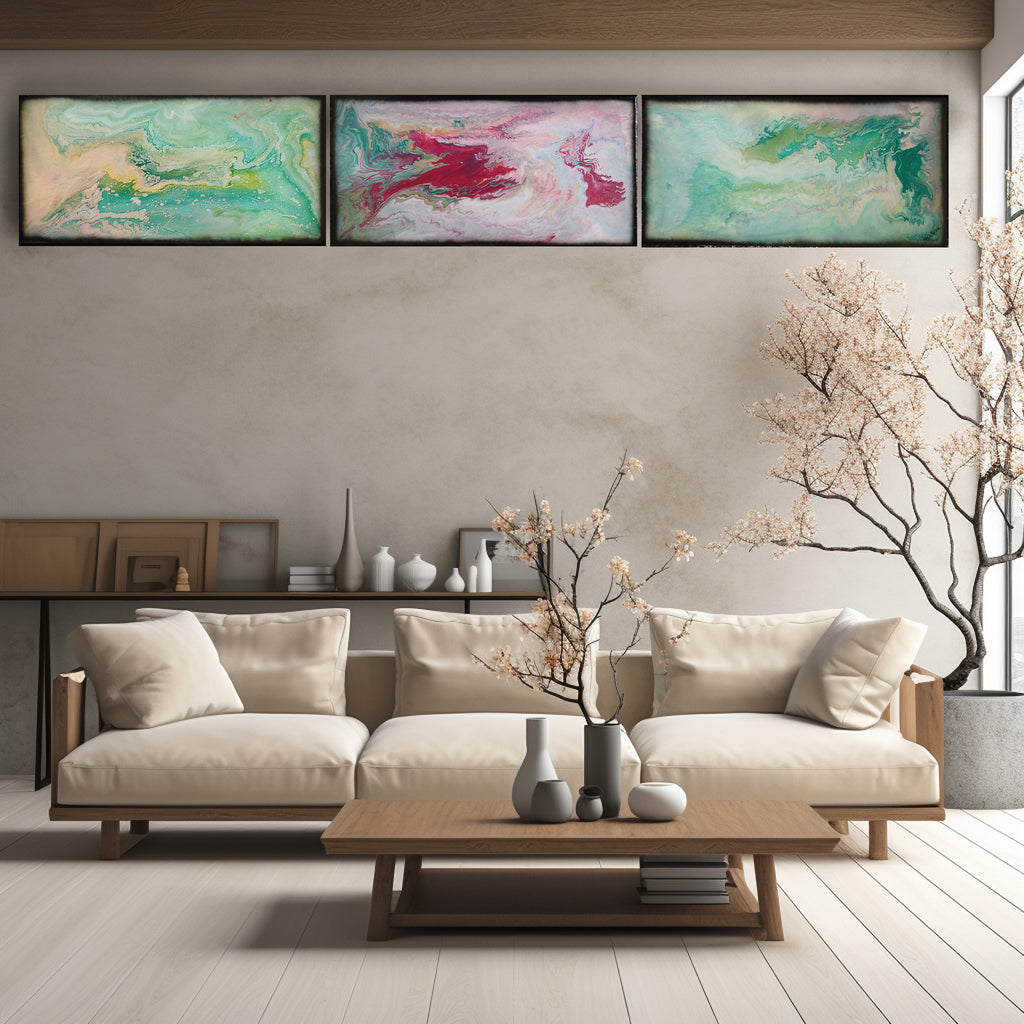 Abstract painting A1117 is a large-scale pouring green pink triptych.
Original Acrylic Paintings on stretched canvas by artist Ksavera.