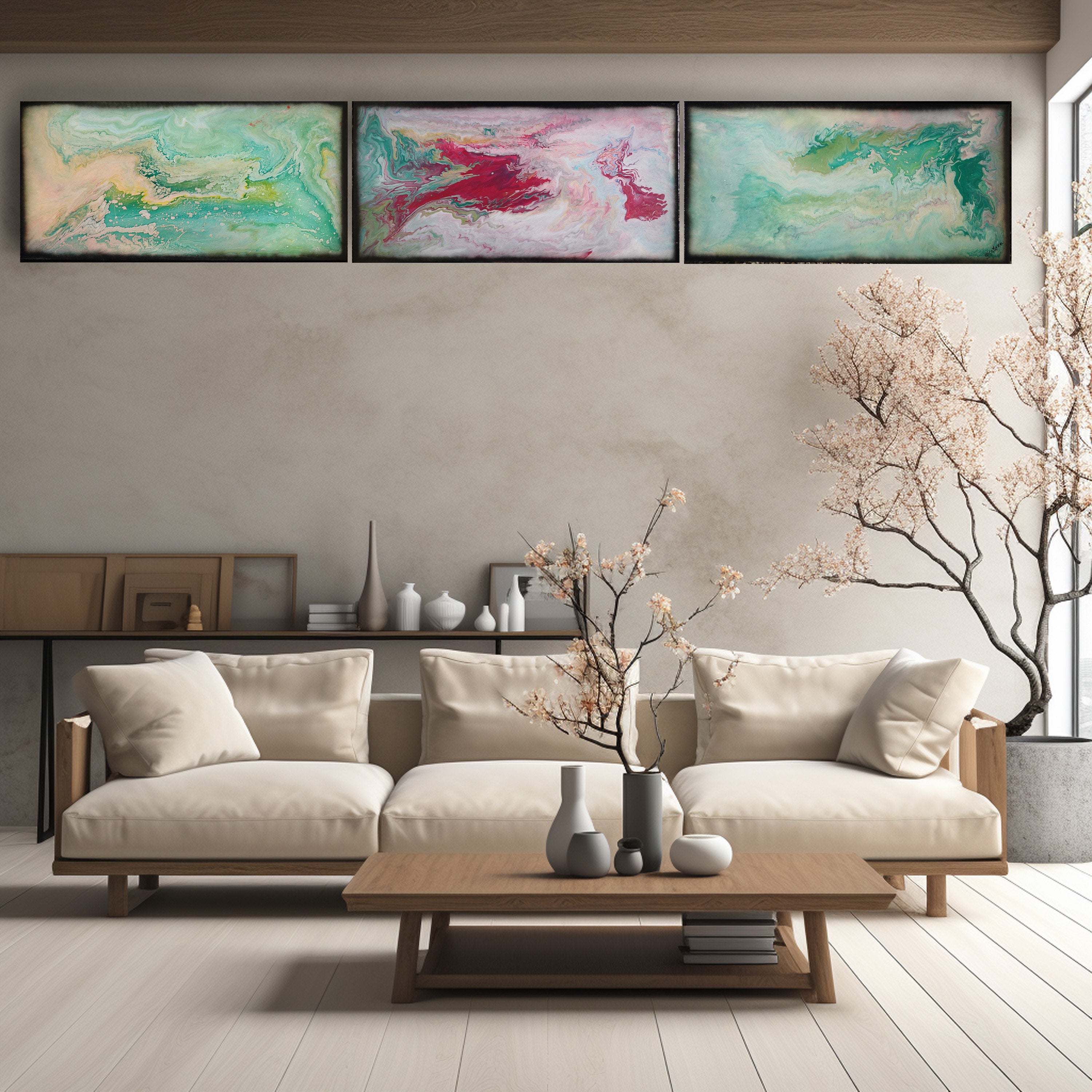 Abstract painting A1117 is a large-scale pouring green pink triptych.
Original Acrylic Paintings on stretched canvas by artist Ksavera.