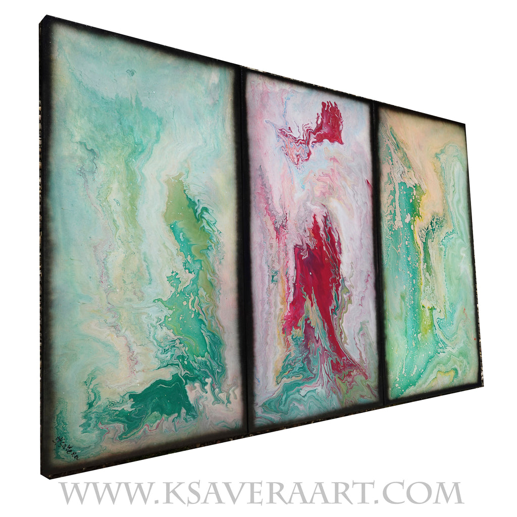 Abstract painting A1117 is a large-scale pouring green pink triptych.
Original Acrylic Paintings on stretched canvas by artist Ksavera.