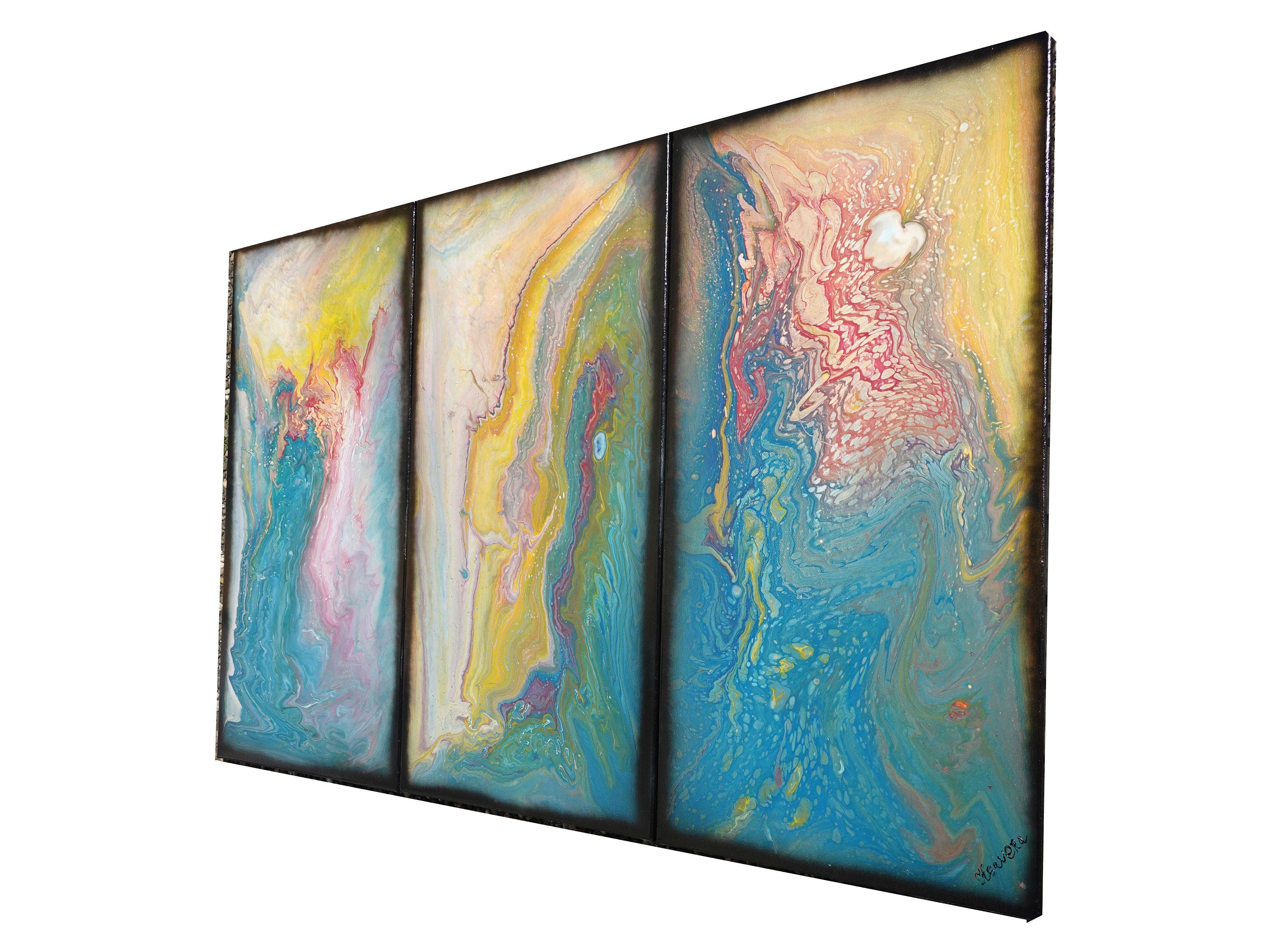 Abstract painting A1118 large pouring blue triptych by Ksavera