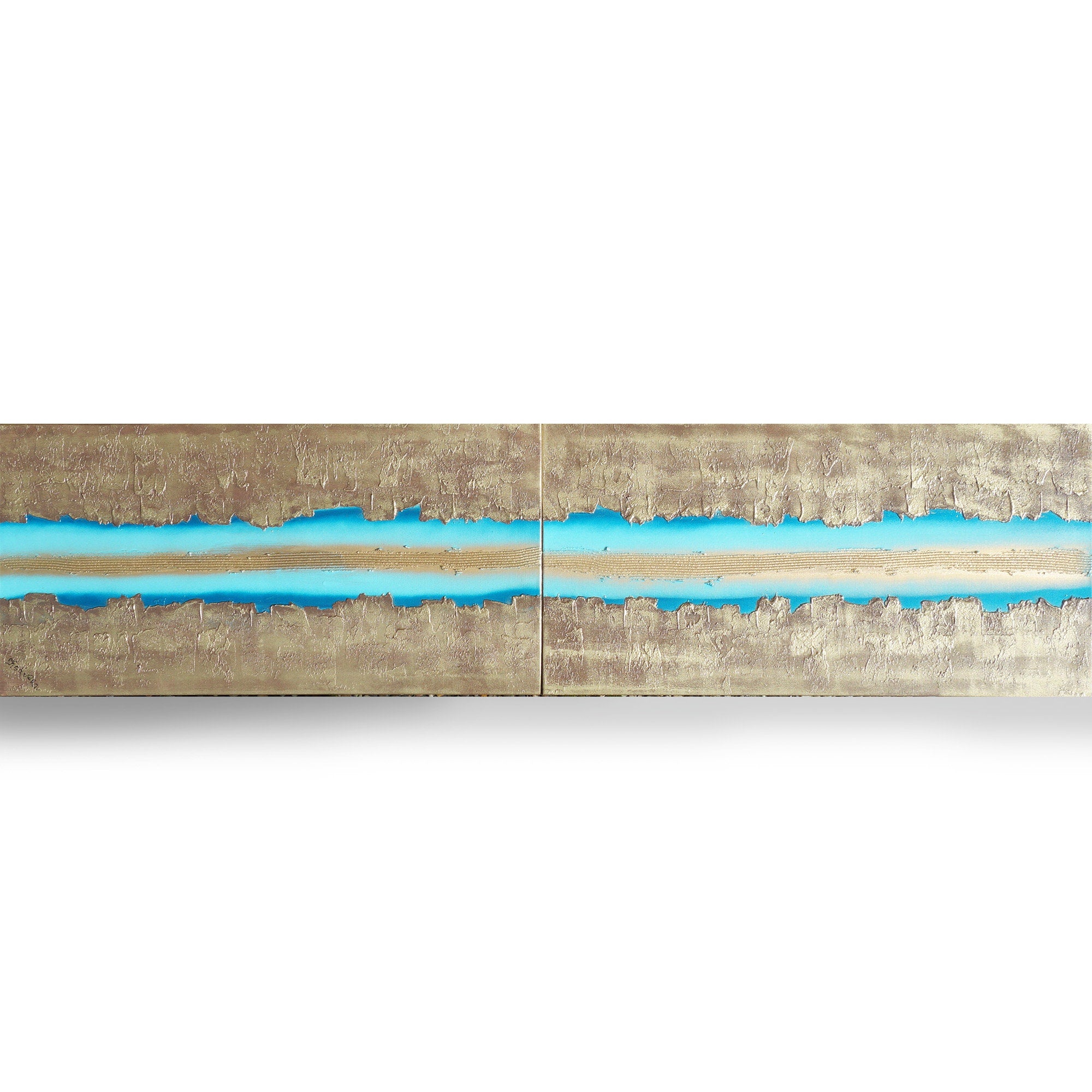 Gold Turquose Paintings “Abstract A469” - Textured Long Diptych by Ksavera