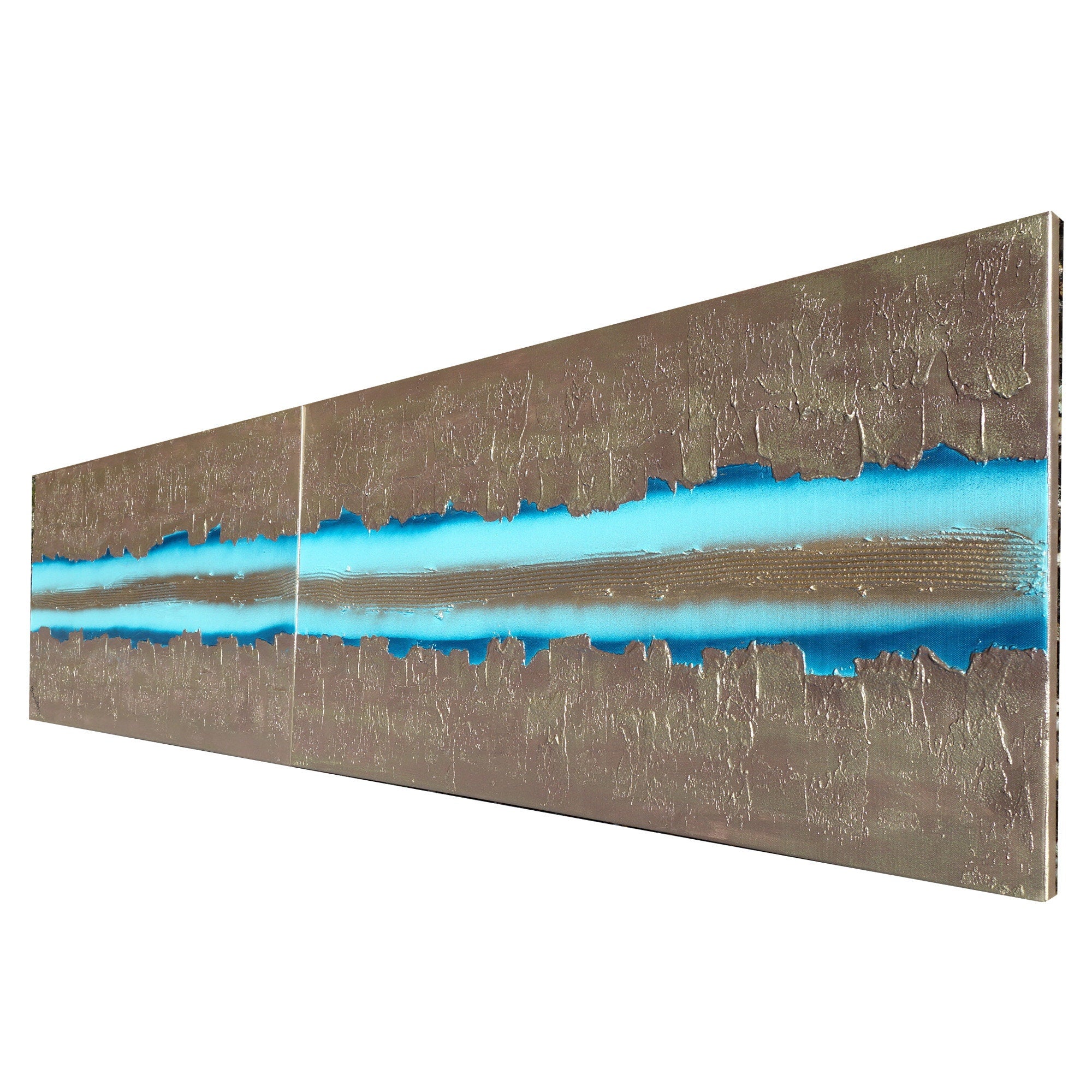 Gold Turquose Paintings “Abstract A469” - Textured Long Diptych by Ksavera