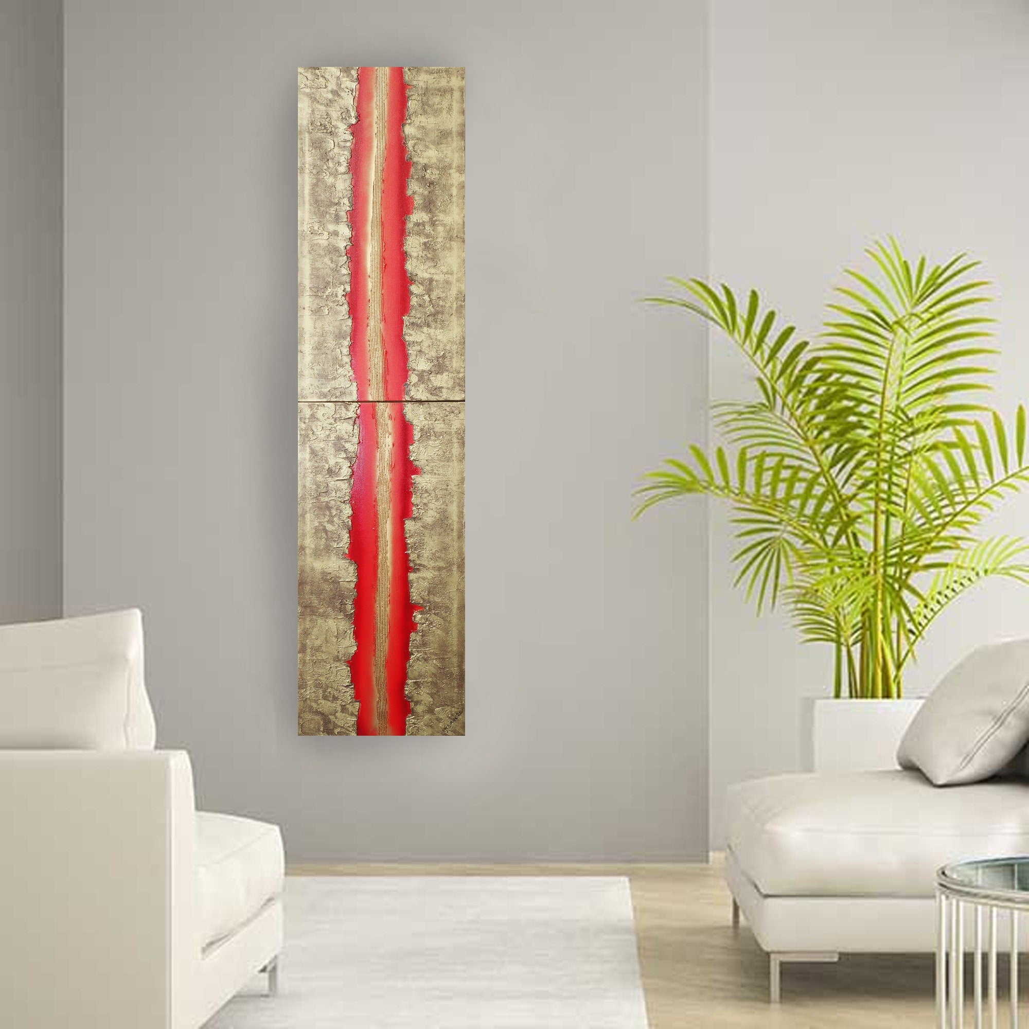 Gold Red Paintings “Abstract A470” - Textured Long Diptych by Ksavera