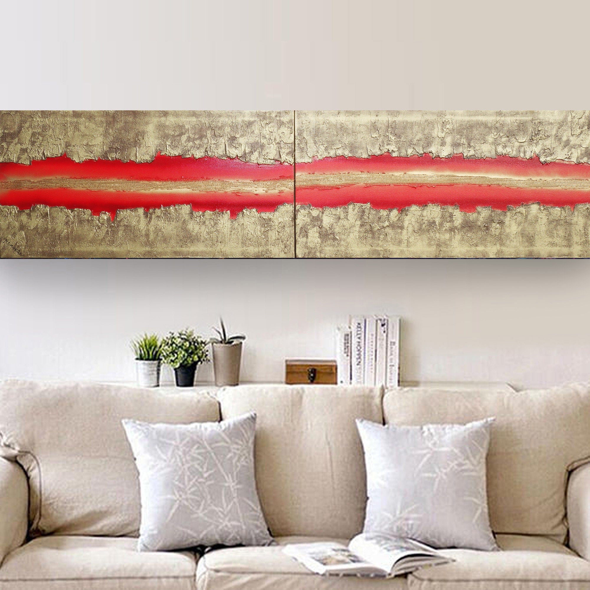 Gold Red Paintings “Abstract A470” - Textured Long Diptych by Ksavera