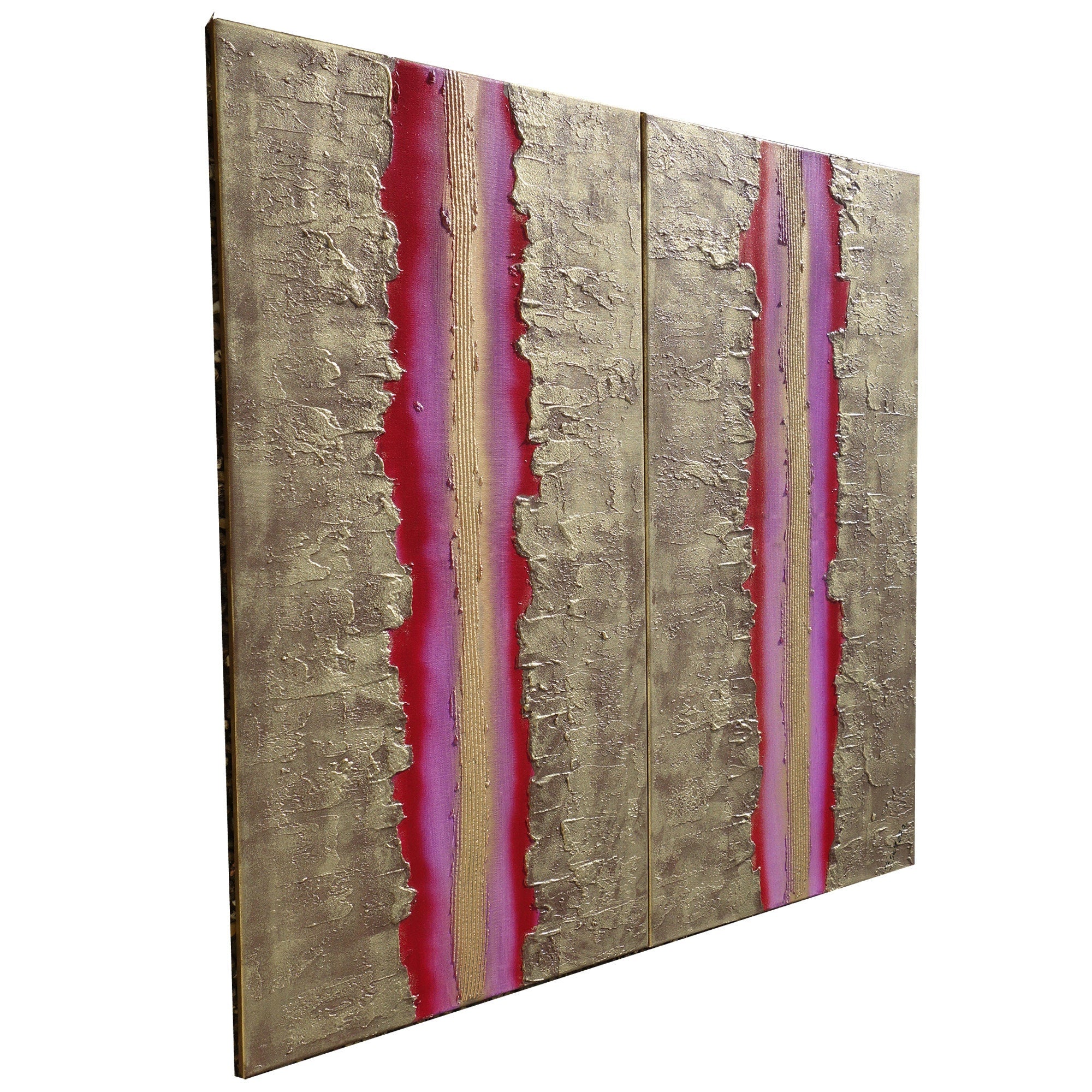 Gold Magenta Paintings “Abstract A471” - Textured Long Diptych by artist Ksavera