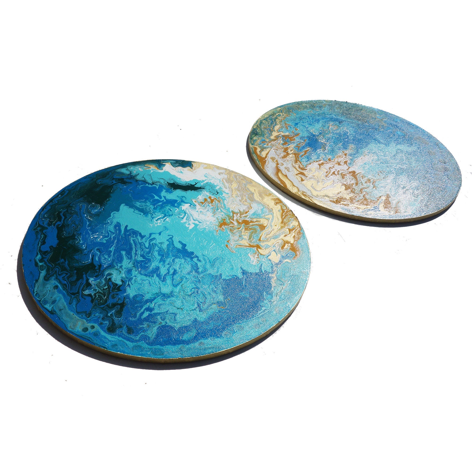 Seashore pouring Paintings “Abstract A547” - round blue painting by artist Ksavera